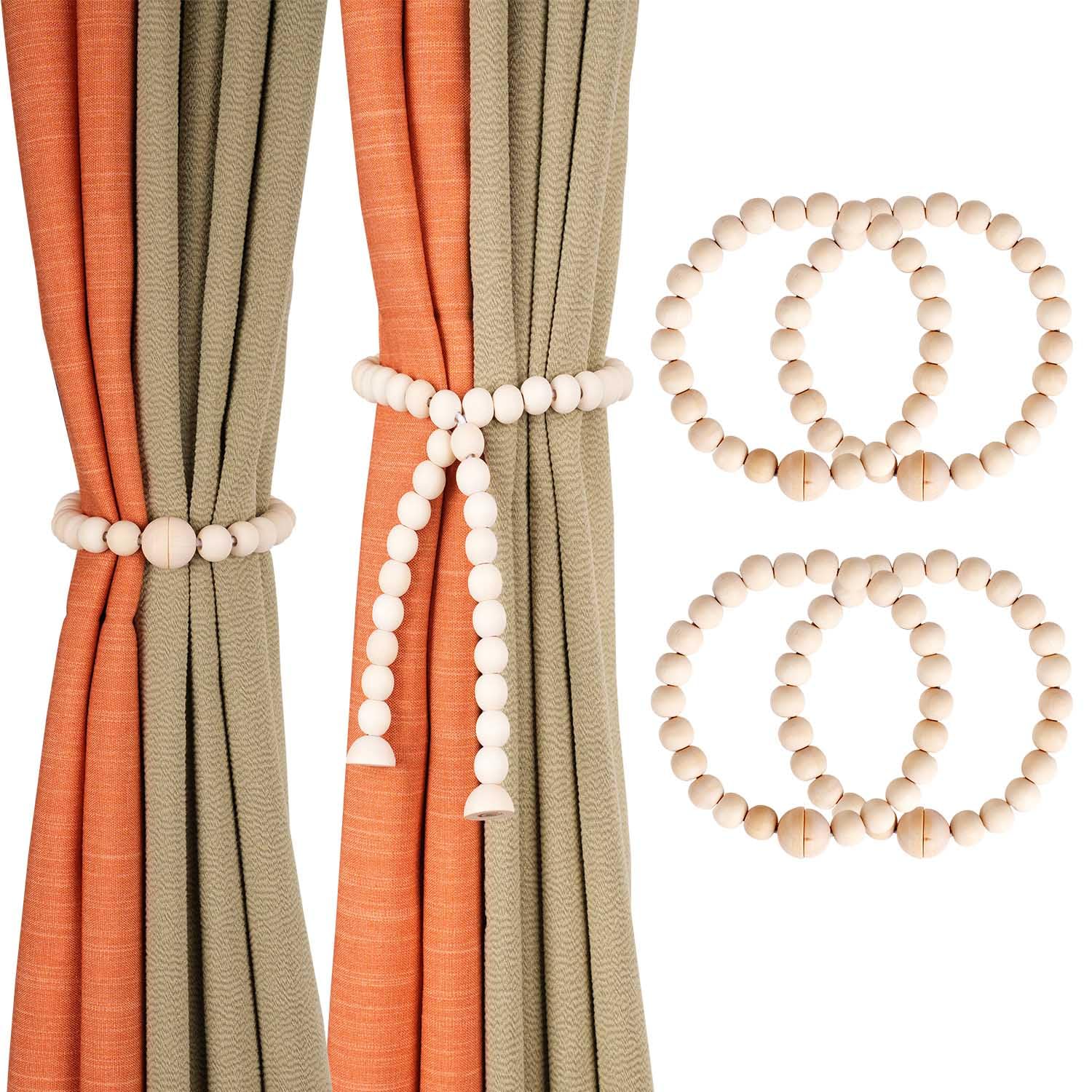 Wooden Magnetic Curtain Buckle,Half Round Beads Chain Connection Cotton Rope, with 24 Small Round Beads, Bohemian Style, 4Pcs