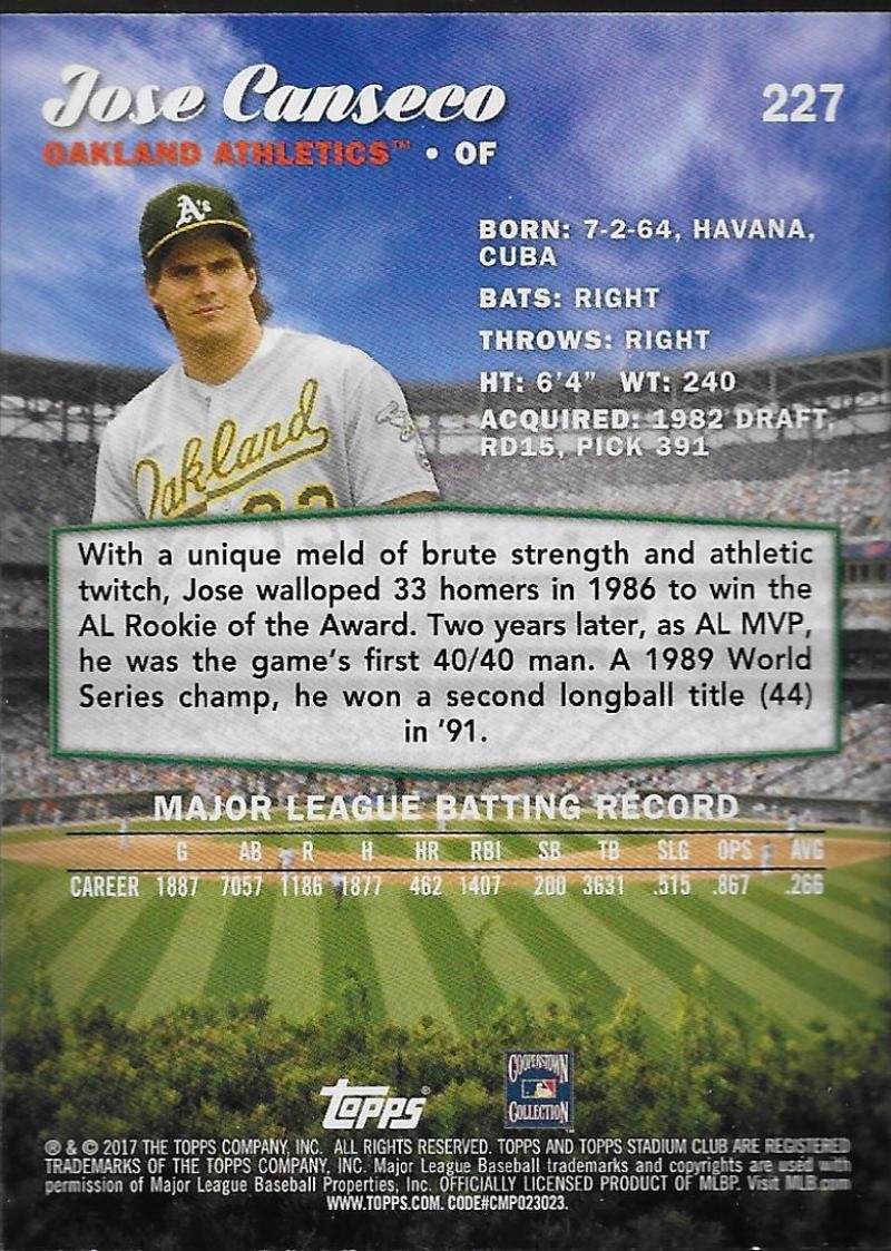 Amazon.com: Baseball MLB 2017 Stadium Club #227 Jose Canseco Athletics :  Collectibles & Fine Art