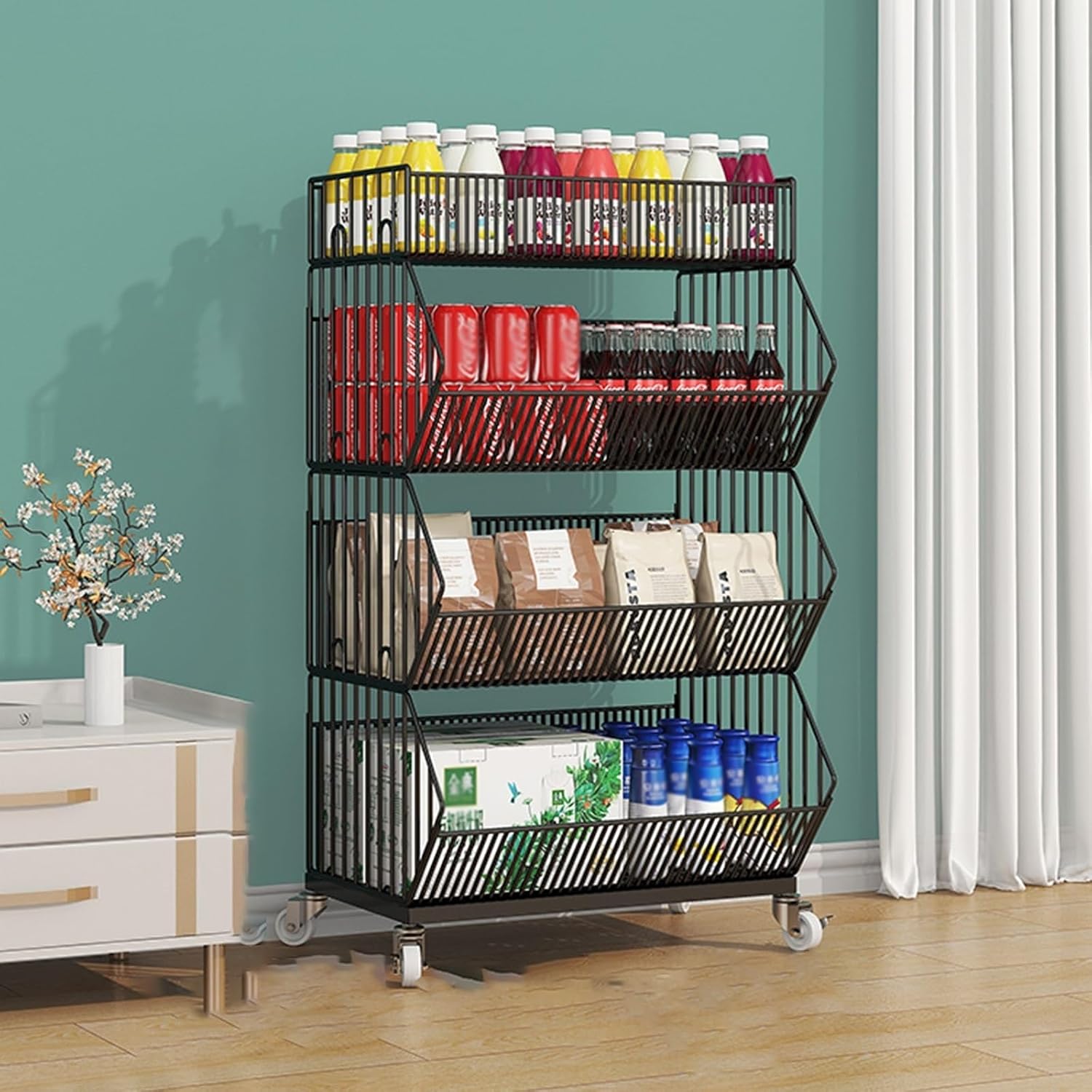 Iron Wire Storage Shelves - 3/4/5 Layer Commercial Rolling Cart Organizer for Supermarket, Food, Snacks, Drinks, Toys - Space-Saving Display Rack for Vegetables & Fruits