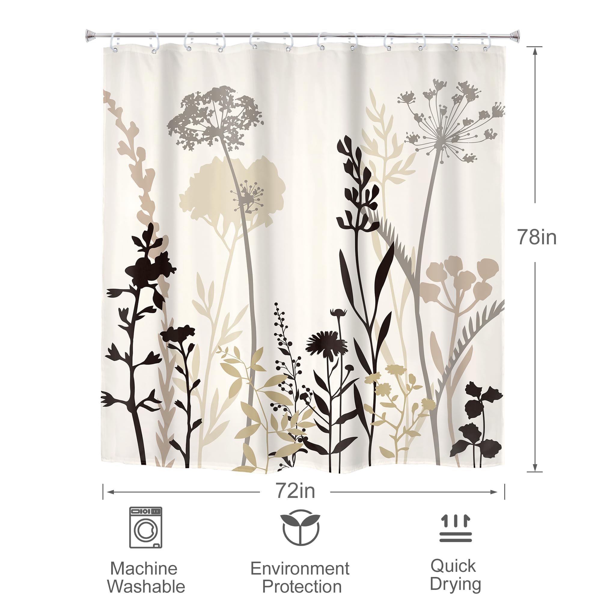 Rideau de Douche Beige, crème, Taupe, Marron, Silhouette Florale, Style bohème Rustique, Feuilles et Plantes Sauvages, Style Vintage, Salle de Bain, 300x200cm(LxH)