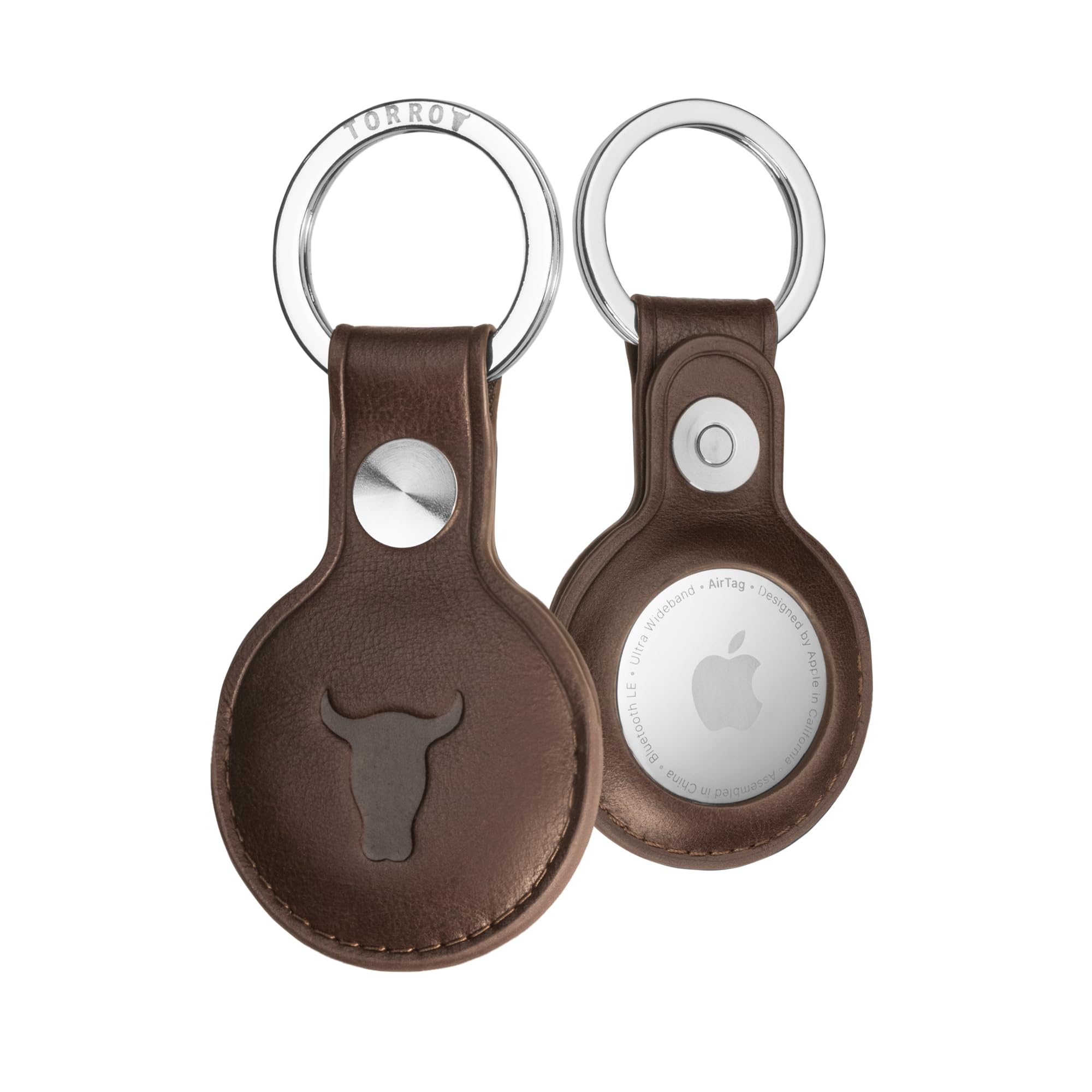 TORRO Porte-​Clés en Cuir Compatible avec AirTag – Porte-​Clef en Cuir Véritable avec Anneau en Métal Brossé (Marron Foncé)