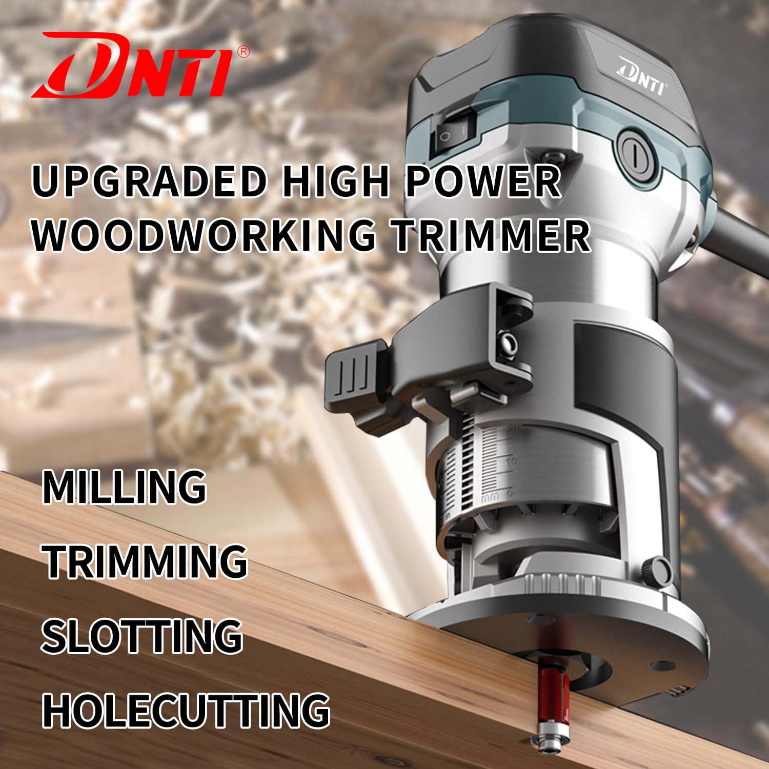 DNTI Fresadora de Madera Rebajadora Eléctrica 710W 10000-30000RPM, Grabado Fresa Para Biselar,2 Alicates de 6.35 mm y 8 mm, 6 Velocidades Variables, Base fija