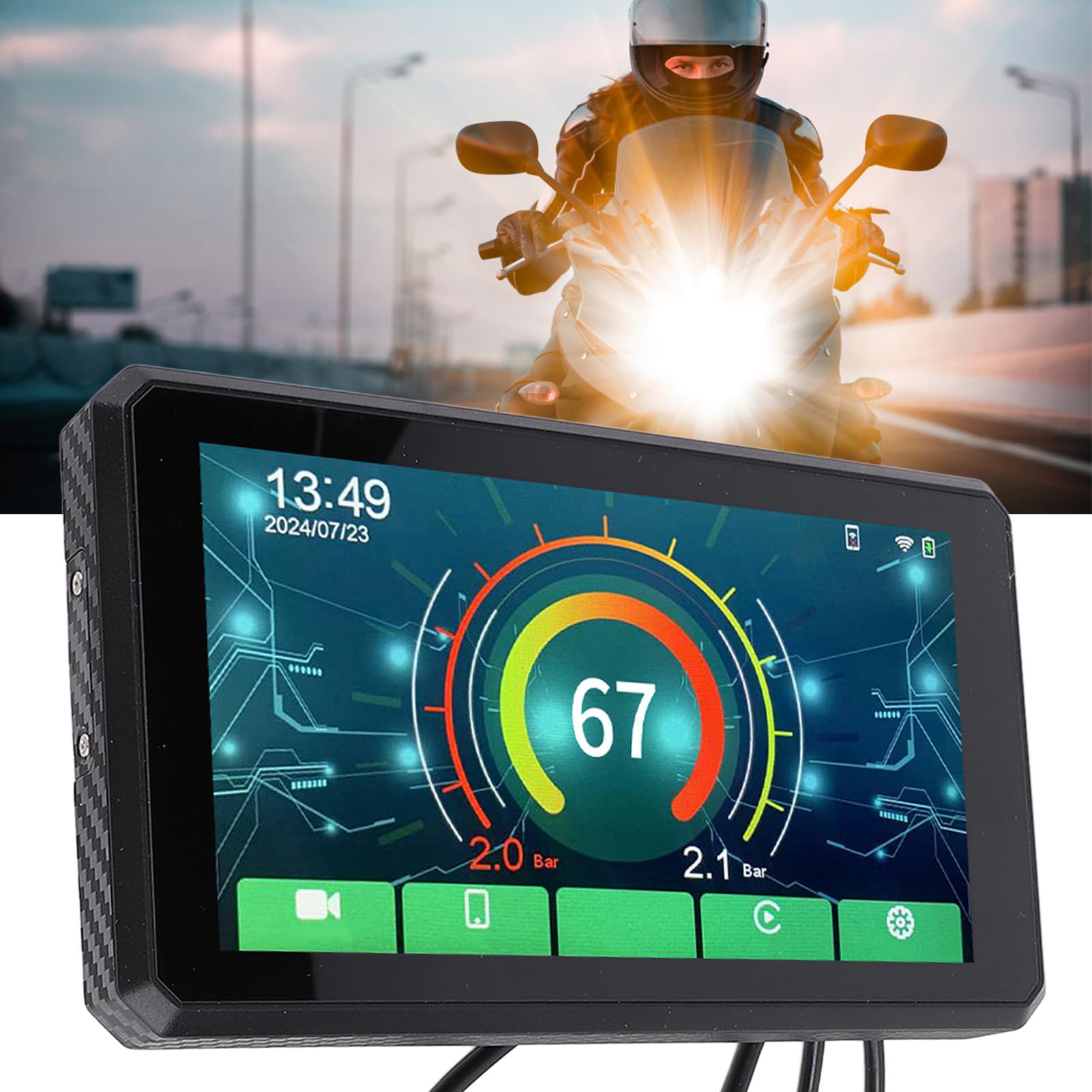 Wisoqu Motorcycle Bike Navigator, 5.5 Inch HD Touchscreen DVR System, Real Time Tire Pressure Monitoring, IDE Angle Front and Rear Camera, Navigation Functionality with Screen Mirroring