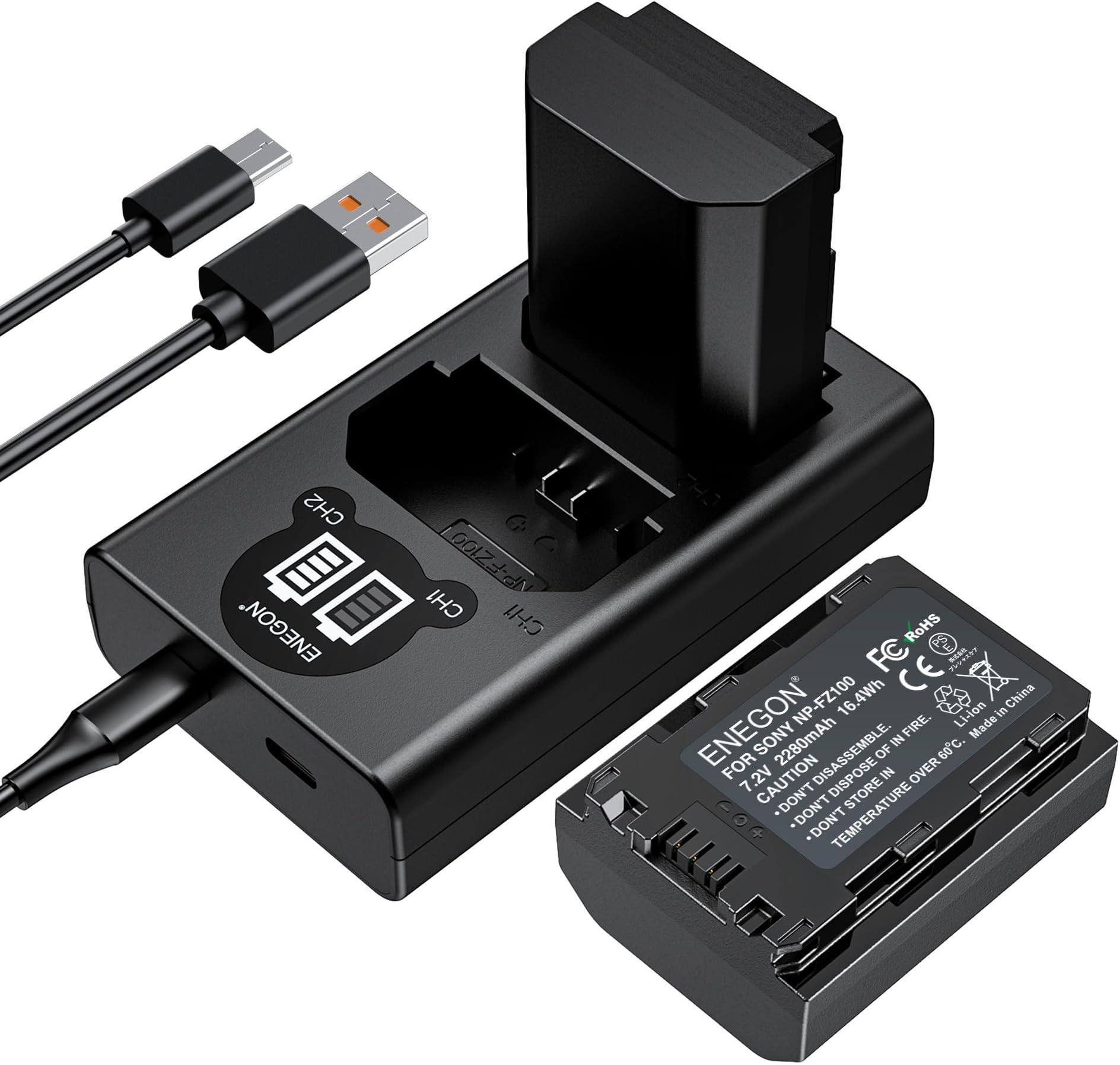 NP-FZ100 battery 2 Pack 2280mAh and Fast Dual USB Charger with LCD Screen, Compatible with Sony ZV-E10II A9III A7CII ZV-E1 A7III A7IV FX3 FX30 A6700 A1 A7C A7CR A7RIV A7RV A7SIII A9II