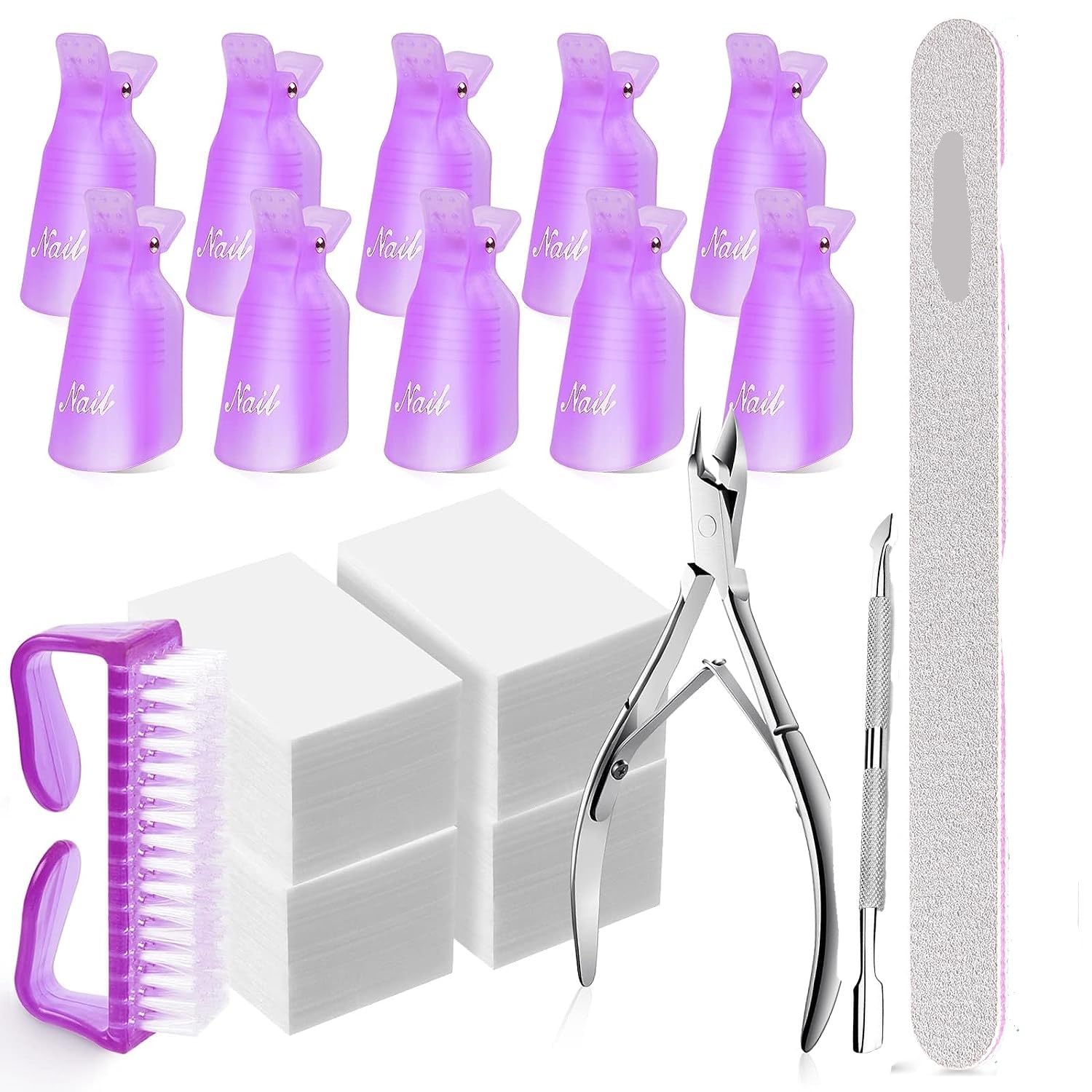 Gel Nail Polish Remover Kit, 10pcs Soak off Nail Clips with 300pcs Nail Wipes, Cuticle Kit, Nail Brush, Nail Files Grit for Salon Home DIY-image-18