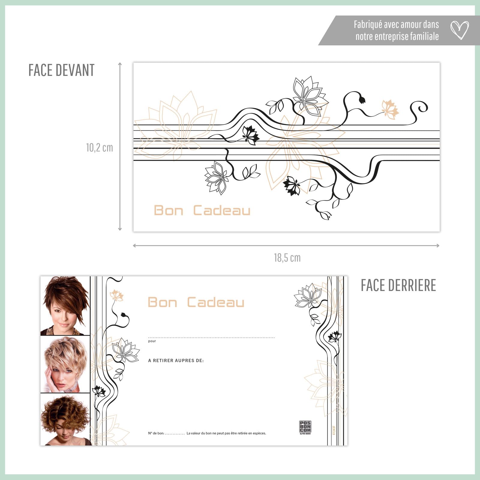 POS BON - 100 bons cadeaux à remplir avec enveloppe - formulaires imprimés pour des salons de coiffure K1243F-1-100-V1