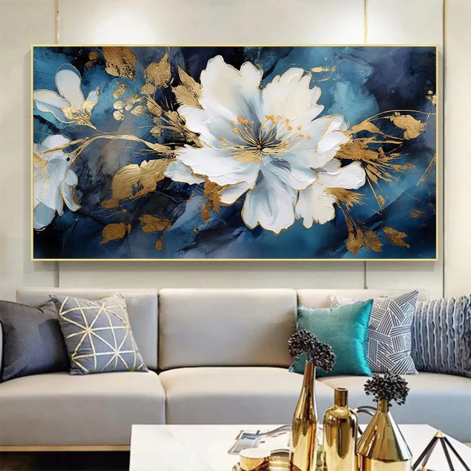 NXMYDBD Blue White Flower Boho Large Size Long Poster Wall Art Canvas Modern Painting Print Picture Living Room Home Interior Decor 50x100cm(20x39inch) Unframed