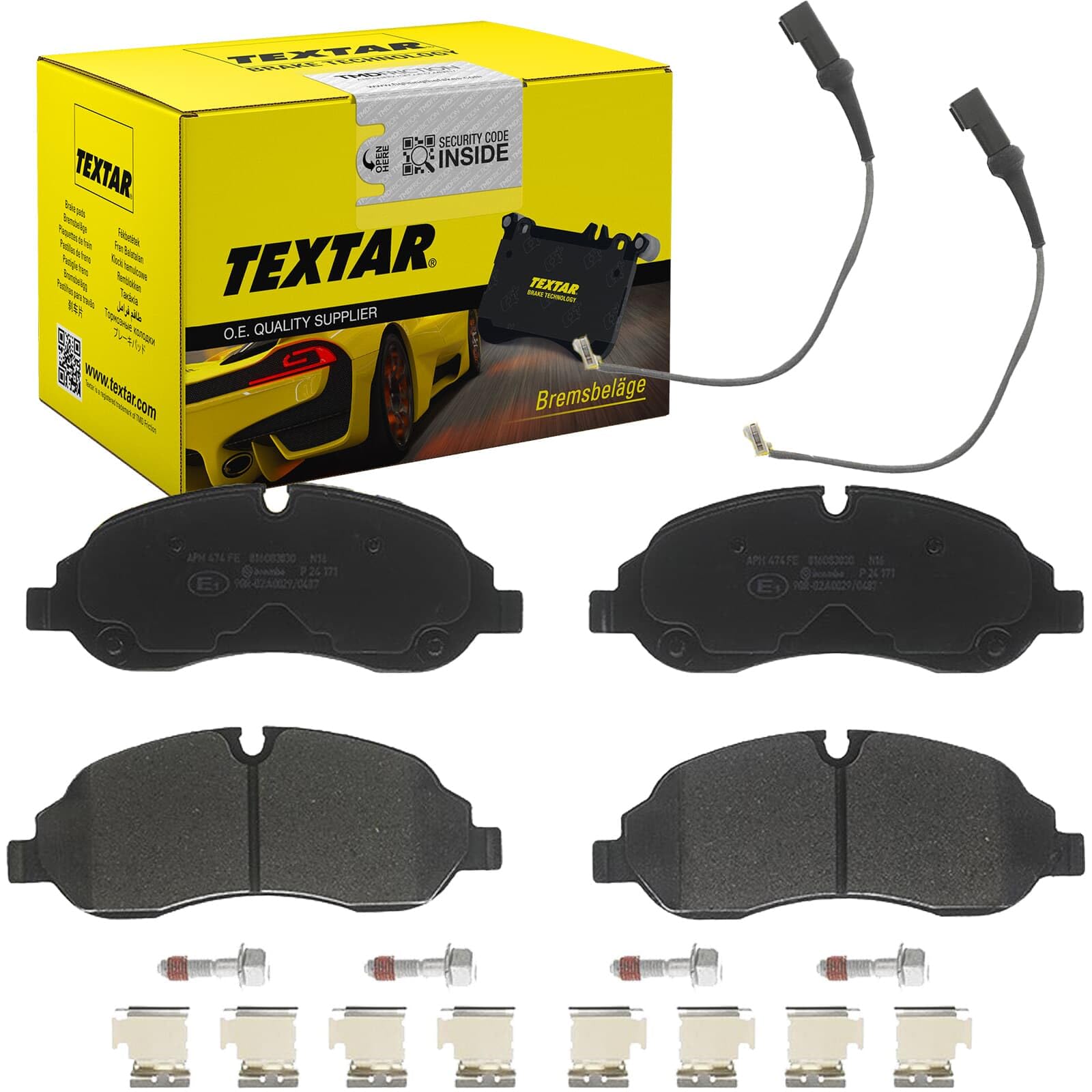 TEXTAR Juego de pastillas de freno Delantero con contacto avisador de desgaste con accesorios 2203401 Juego de pastillas de freno Compatible con FORD Transit Custom V362 Furgón FY, FZ