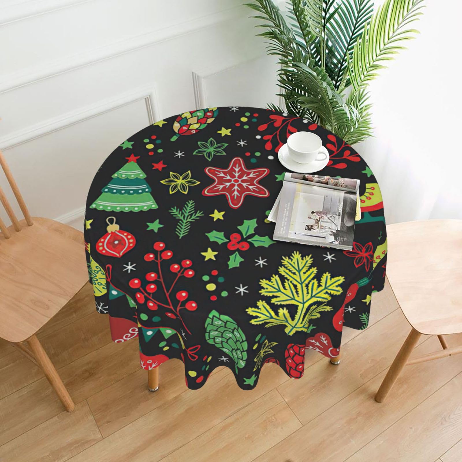 SDEGTHO Christmas Tree Print Modern Retro Round Tablecloth 60in Polyester Fabric Cover for Party Dining Table Washable