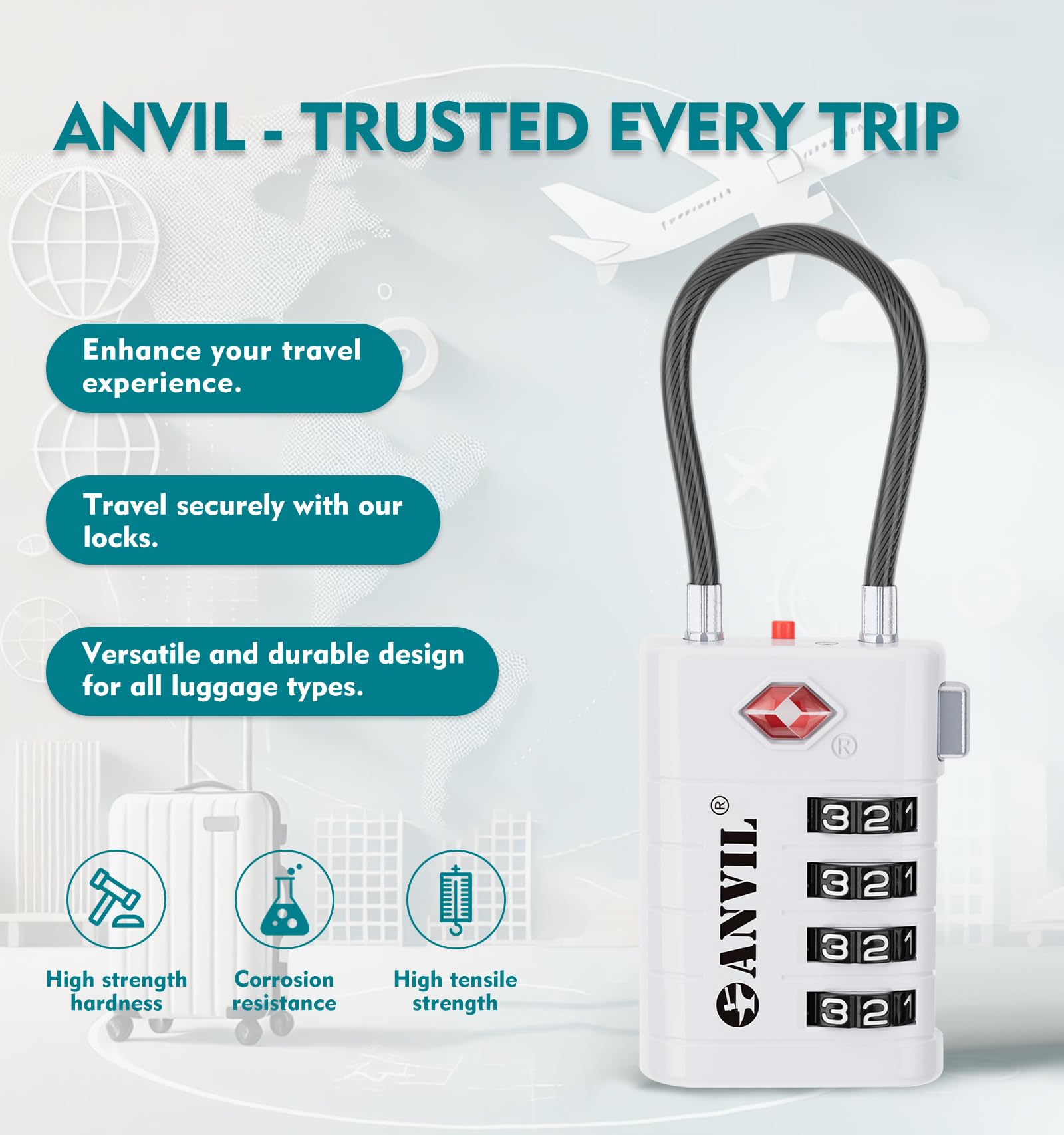 ANVIL Candados de equipaje de 4 dígitos, cerraduras TSA para equipaje, núcleo avanzado TSA008, indicador de alerta para tu cerradura de viaje, cerradura de maleta. (2, blanco)