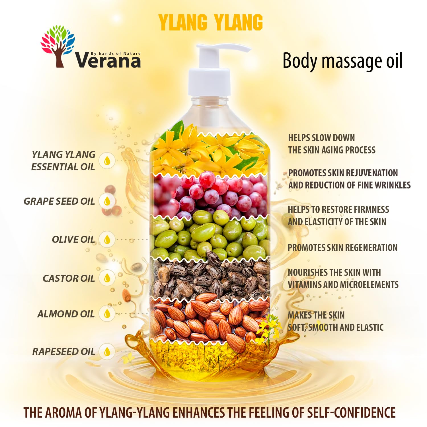 Verana Olio per Massaggio corpo Ylang Ylang, Naturale, Senza OGM, Massaggio Ringiovanente e Rivitalizzante, Nutre e Idrata la Pelle, Aromaterapia (5L)