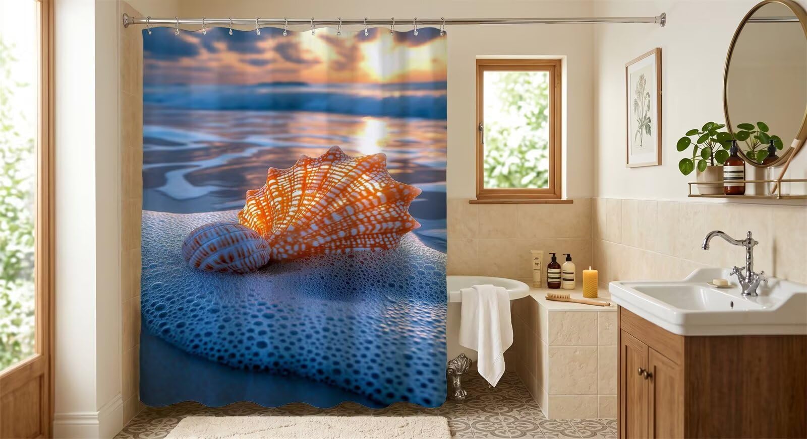 Yoonqun Shower Curtain 180 x 180 cm Waterproof Mold Resistant Modern Bathroom Curtains with 12 Hooks,Machine Washable Bath curtain for Bathtub & shower Stall (Sunset Seashells)