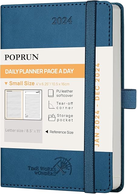 POPRUN A6 Diary 2024 Day Per Page Soft Cover Pocket Appointment Diary, Small Daily Planner 24 Day To Page, Hourly Interval, FSC® Paper - Night Sky Blue