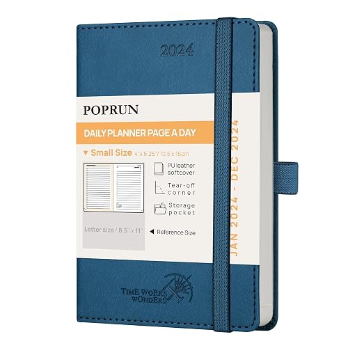 POPRUN A6 Diary 2024 Day Per Page Soft Cover Pocket Appointment Diary, Small Daily Planner 24 Day To Page, Hourly Interval, FSC® Paper - Night Sky Blue