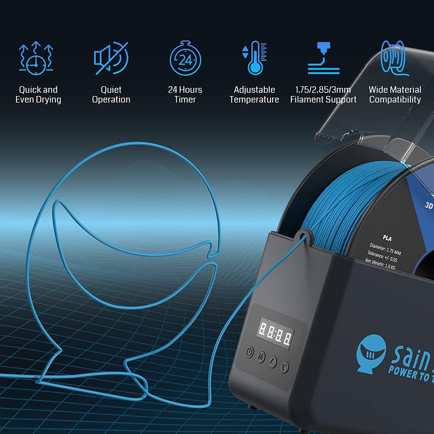 SainSmart Filament Dryer showing filament path and icons representing quick drying, quiet operation, 24-hour timer, adjustable temperature, and wide filament support