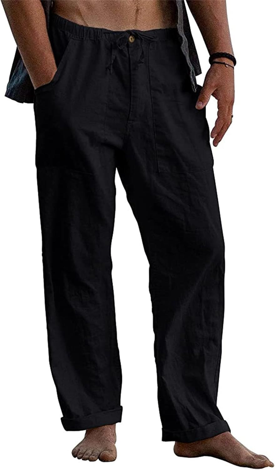 Cicilin Mens Cotton Linen Pants Drawstring Loose Fit Casual Straight Legs Beach Trousers