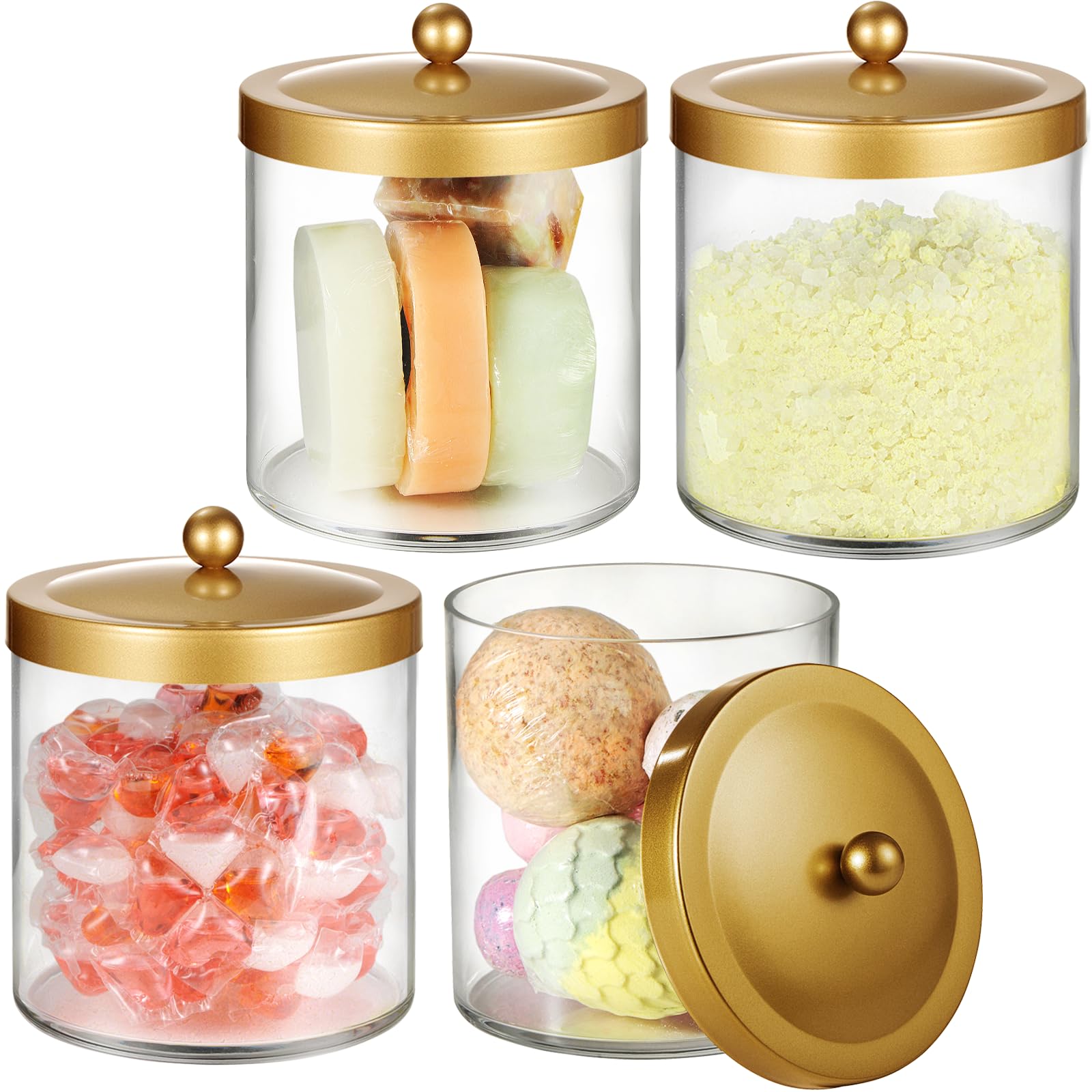 SheeChung 4 Pack 50 Oz Large Apothecary Jar with Metal Lid, Plastic Containers Canisters with Stickers Spoons, Bathroom/Laundry/Kitchen/Pantry Vanity Countertop Storage Organizer Decor(Gold)