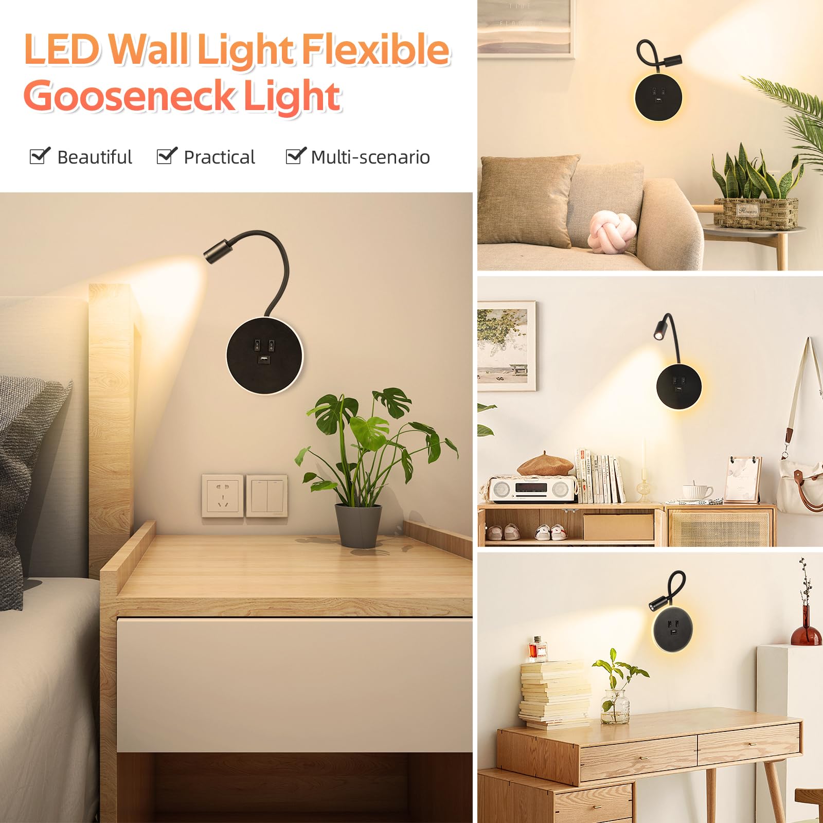 Applique Murale Interieur LED Lampe de Lecture avec Interrupteur Liseuses Murales de Chevet Réglable Chargeur USB 3000K Noir