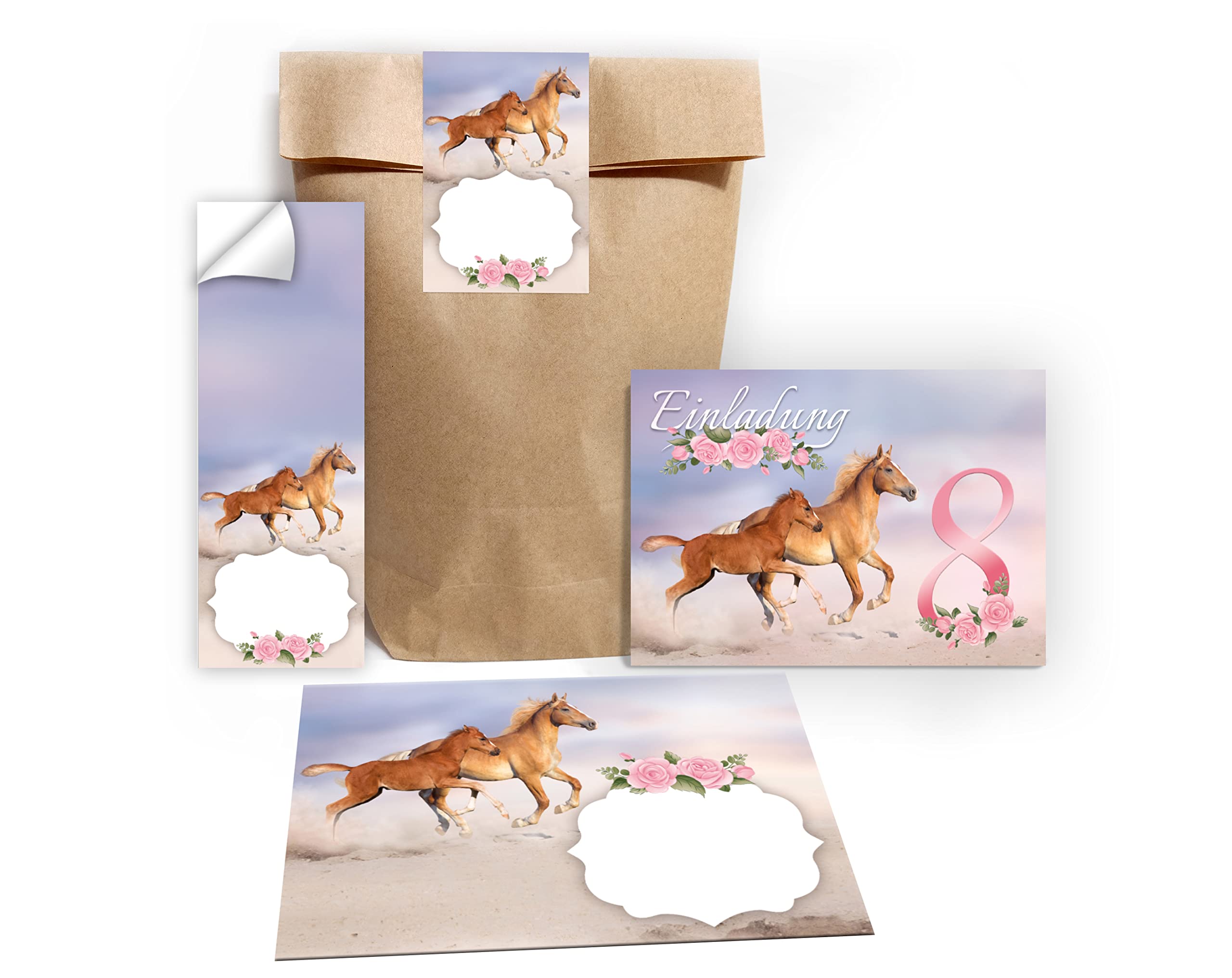 Junapack Lot De 12 Cartes D’invitation Pour 8e Anniversaire D 8e Anniversaire Fille Cheval Marron Avec 12 Enveloppes 12 Sacs Naturel 12 Autocollants