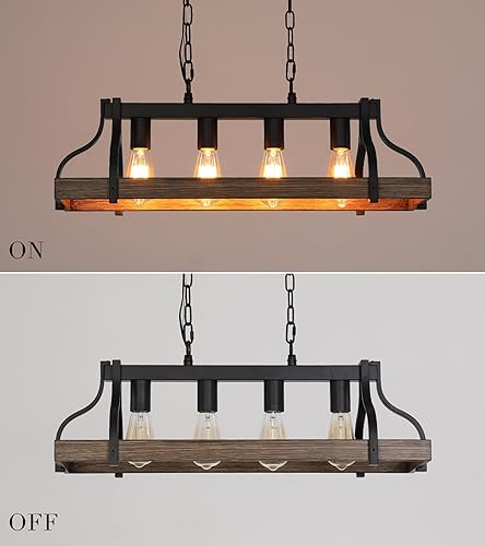 Miniatura 7 de Lámpara rústica para isla de cocina, comedor, lámpara lineal de granja, acabado de madera retro y 4 luces, colgante de metal industrial con