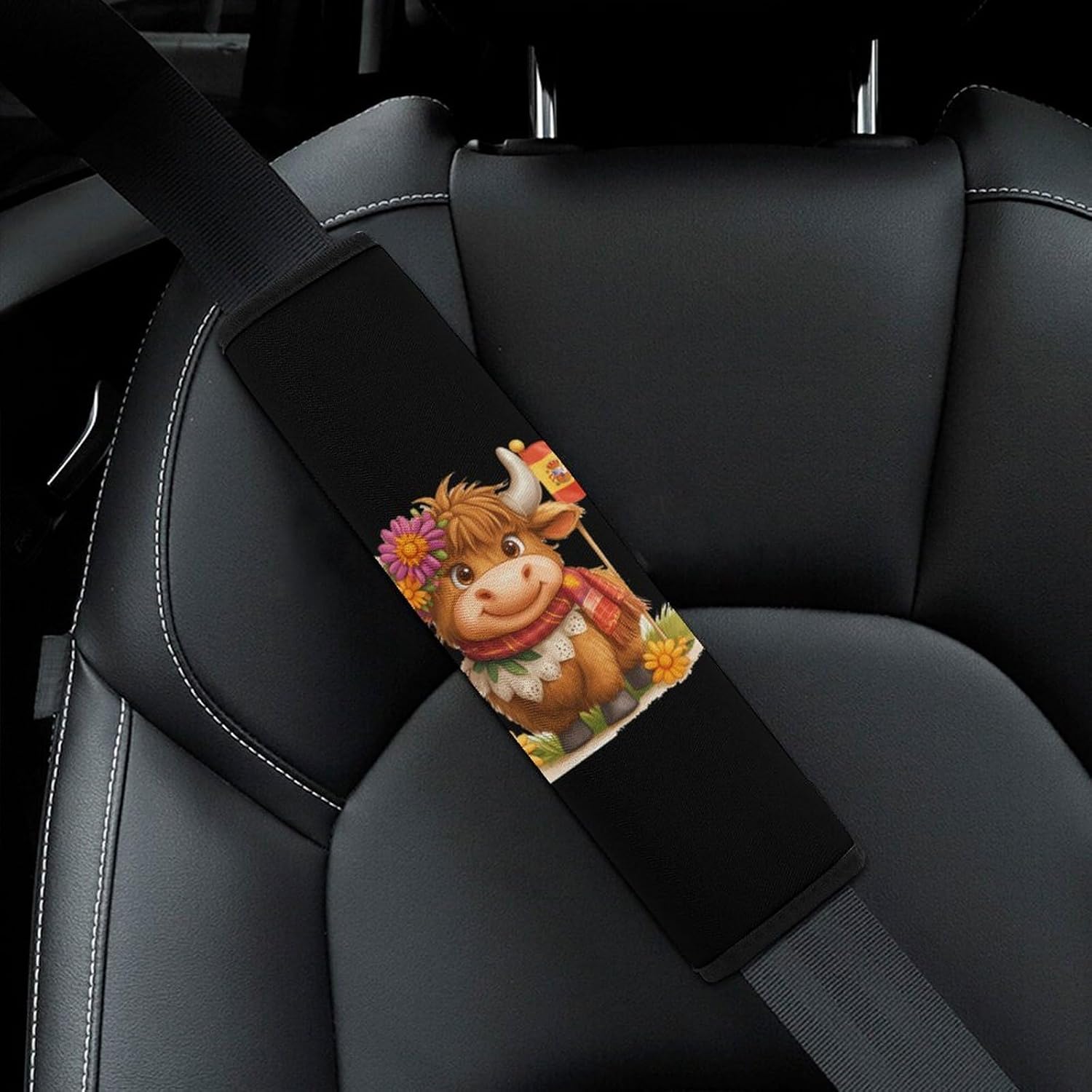 Spanish Flag Highland Cow Car Seat Strap Covers Soft Seat Strap Shoulder Pads Seatbelt Covers for All Car Seats 2PCS