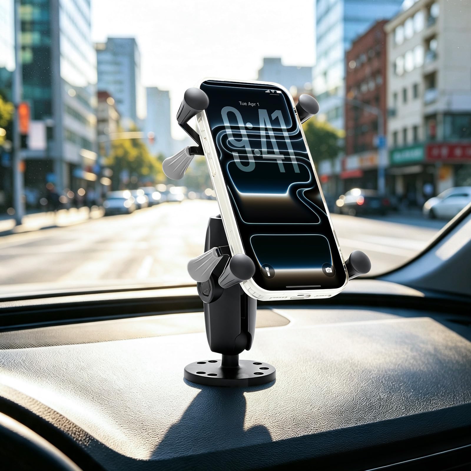 Strg Support de téléphone avec base ronde percée avec bras double douille à boule de 2,5 cm, compatible avec tous les téléphones de moto, vélo, guidon, support de téléphone