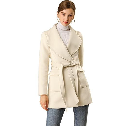 Allegra K Women's Shawl Collar Lapel Double Breasted Winter Belted Coat with Pockets Small Cream White