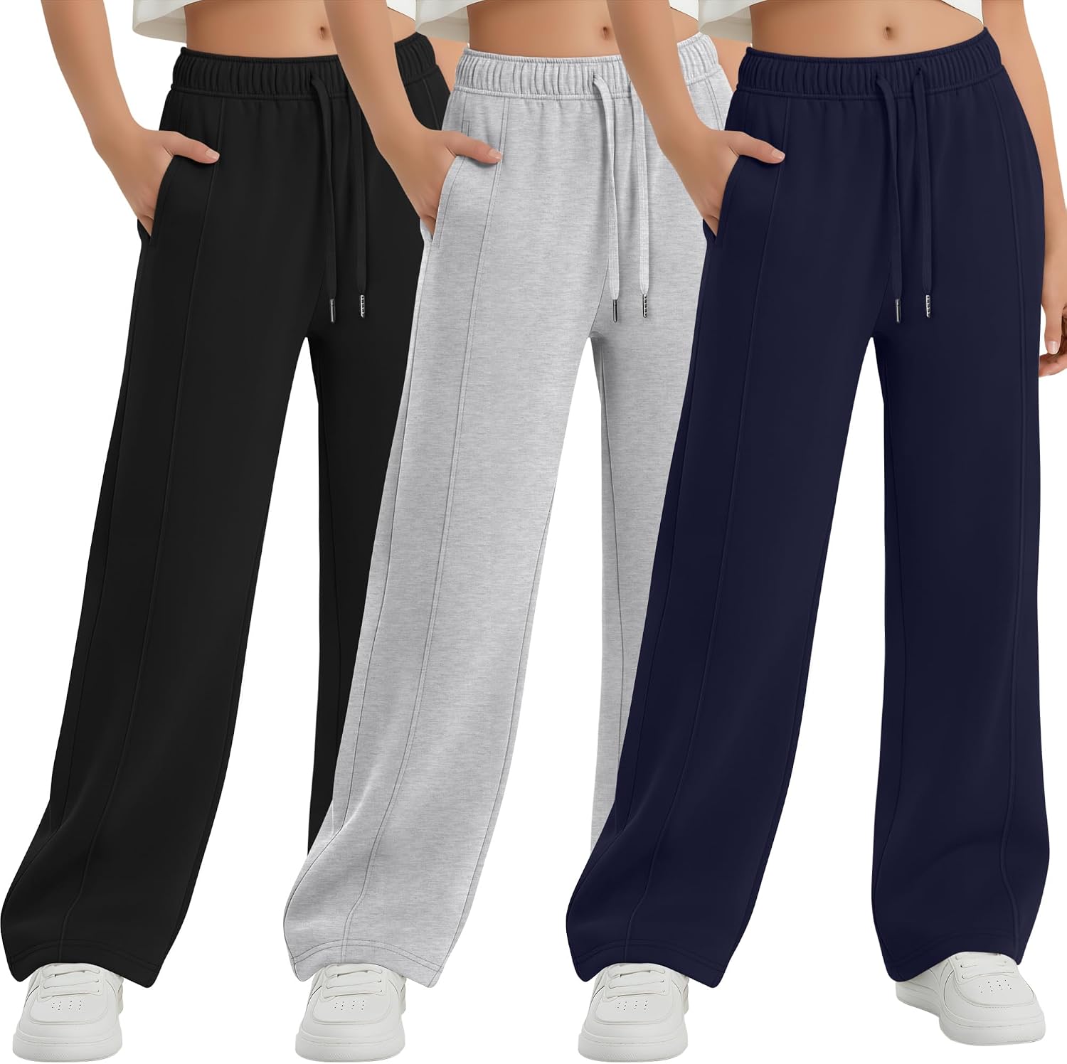 3 Pack Girls' Sweatpants Double Side Seams Straight Leg Pants Teen Open Bottom Wide Leg Loose Joggers with Pockets