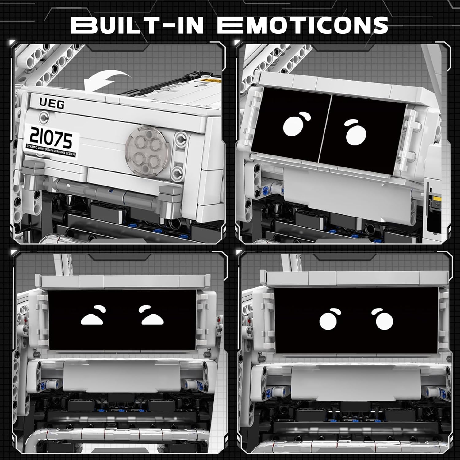 Close-up images showing how to change the robot dog's facial expressions using interchangeable sticker panels on its display screen.