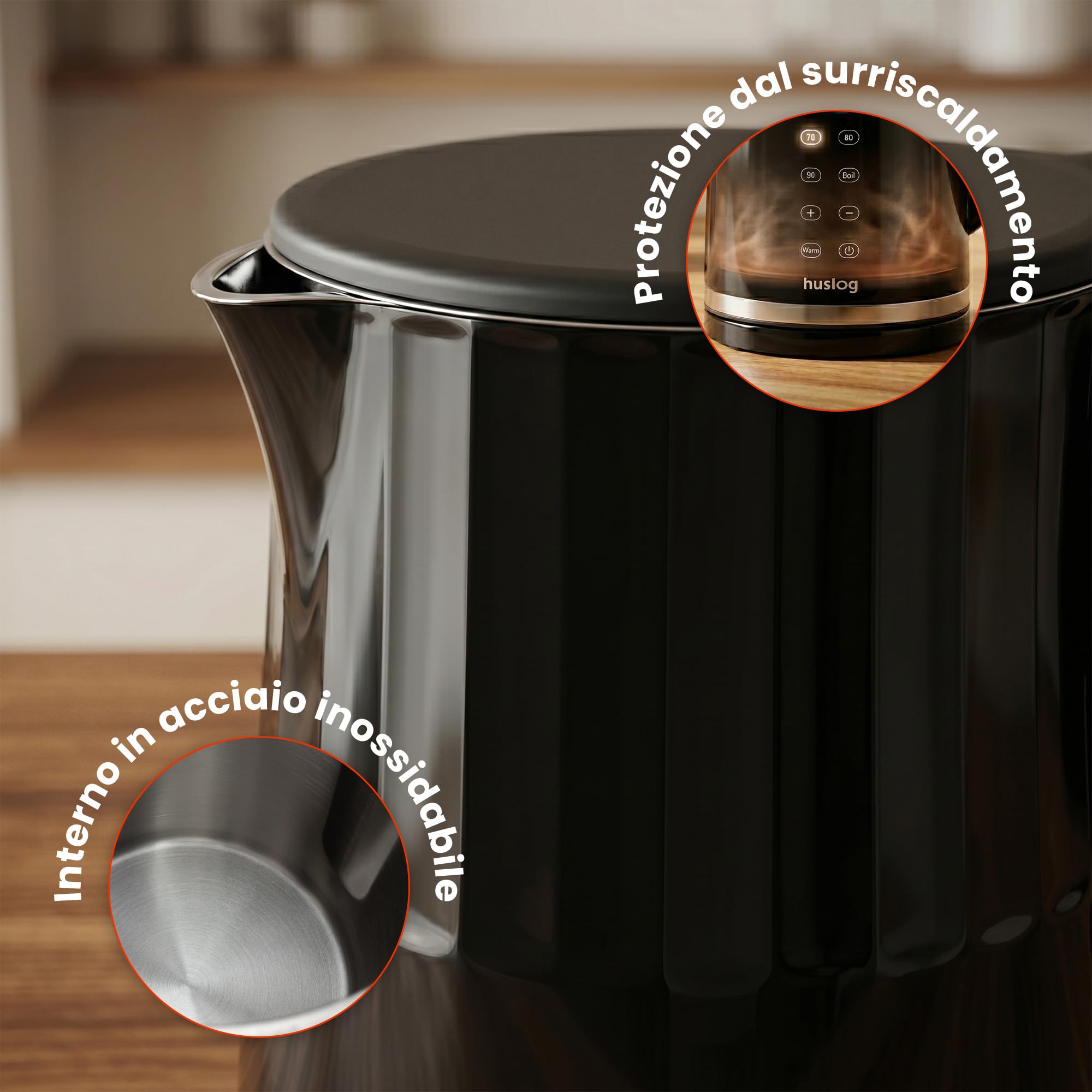 Bollitore elettrico da 1,7 l, 2200 W, con controllo della temperatura e pannello touch, design retrò, display LED, 4 programmi, 13 livelli, Keep Warm 2h, Cool Touch, acciaio inox 304, senza BPA