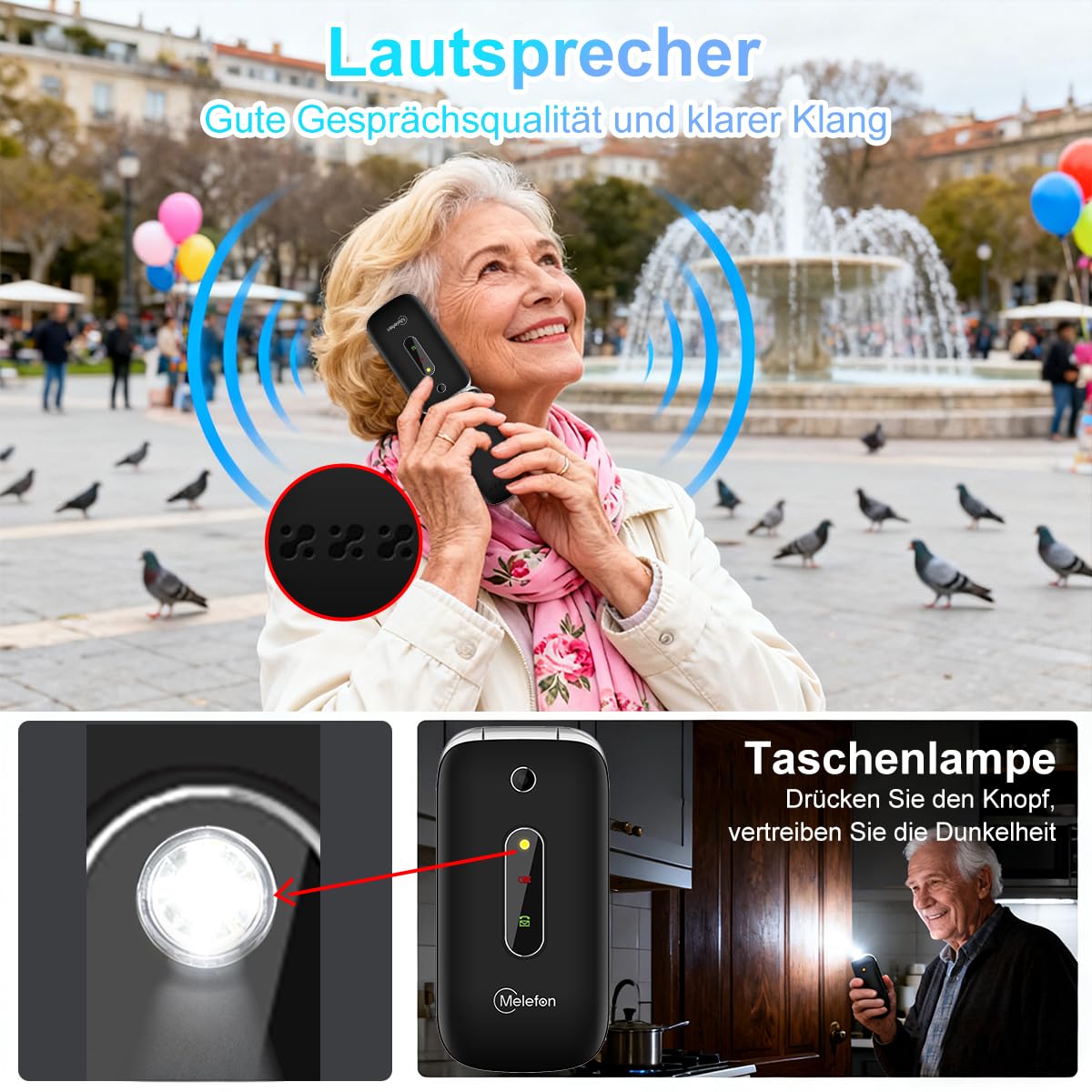 4G-Seniorenhandy – Klapphandy ohne Vertrag mit großem 2,4-Zoll-Farbdisplay, großen Tasten, SOS-Taste, Direktwahltasten M1/M2 | USB-C-Ladestation, UKW-Radio, 1350-mAh-Akku