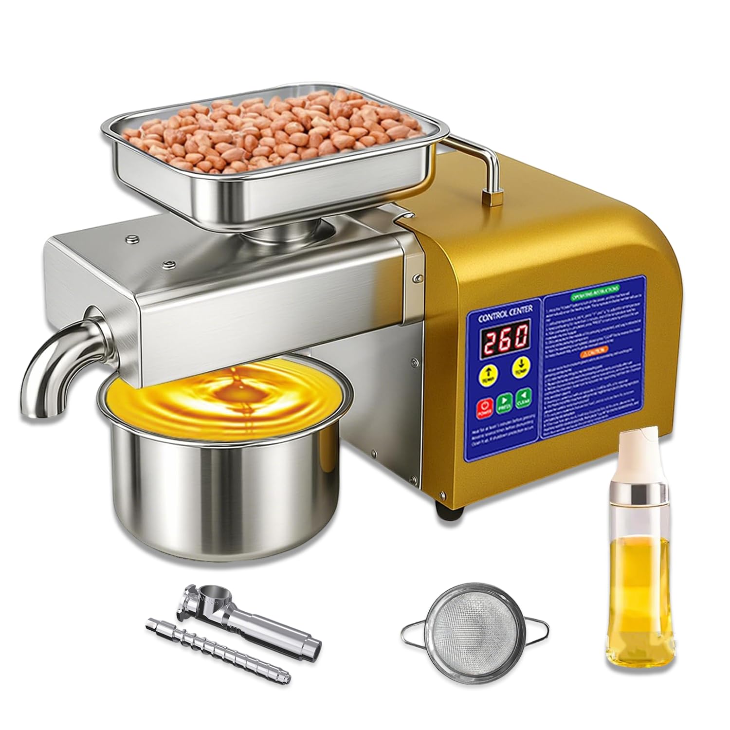 WTRYRN Oil Press Machine, 1100W Cold & Hot Oil Extractor with 40-300℃ Temp Control, 4-9kg/h Output, Stainless Steel for Home & Commercial Use