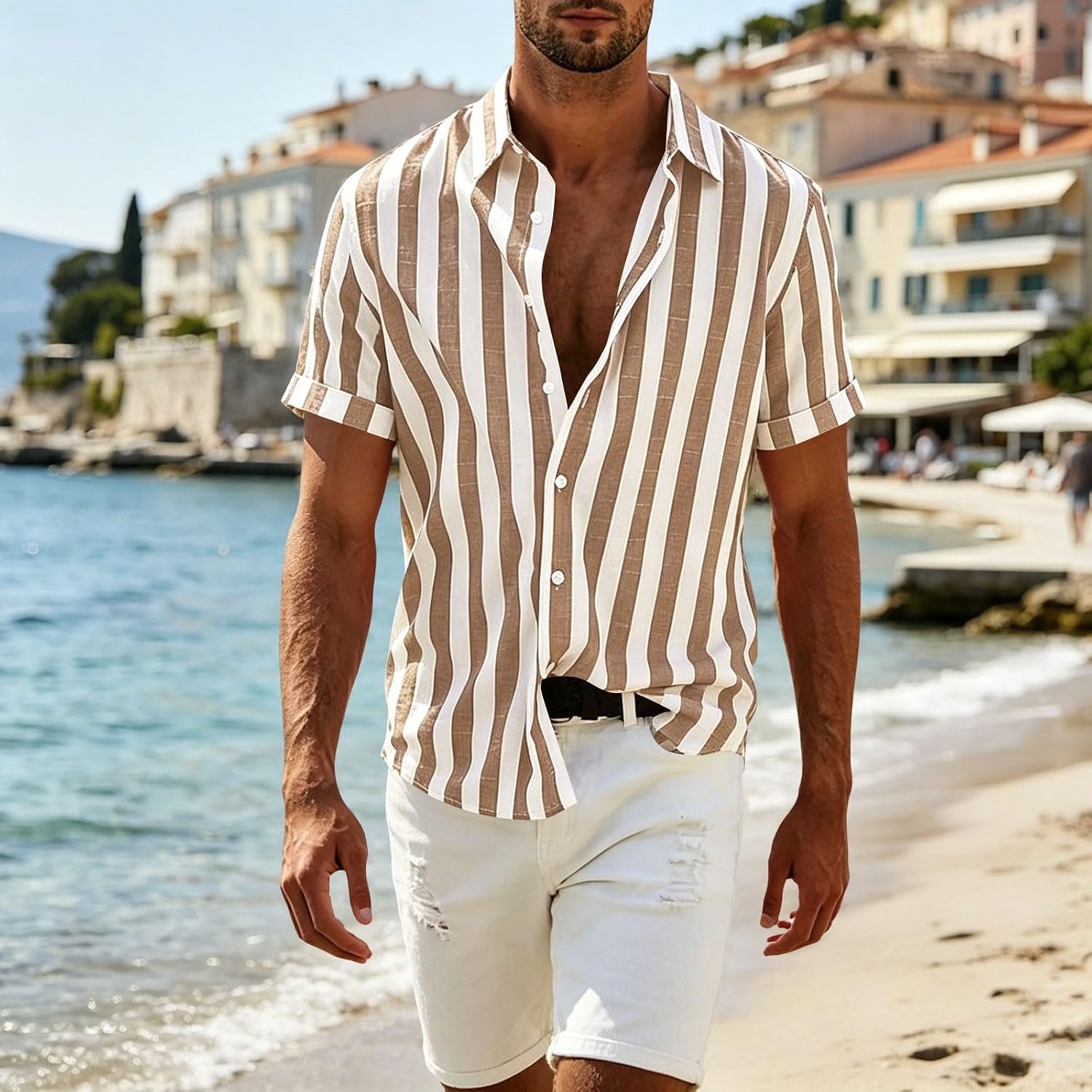 Beach Shirts for Men Stripe 3/4 Sleeve Shirt Cotton Linen Lightweight Summer Tops Button Down Blouse Casual Shirts