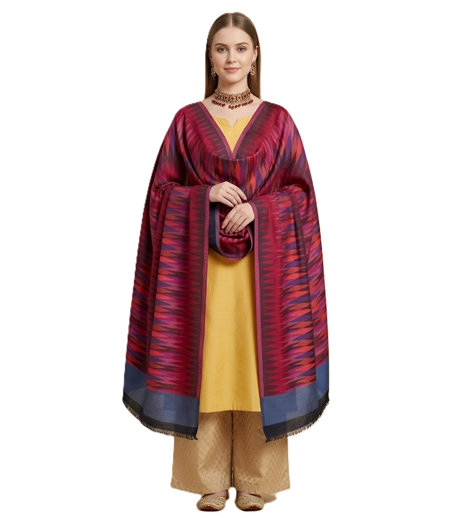 muffly Women Bamboo Silk Reversible Ikkat Woven Shawl with Border | Ethnic & Casual Wrap-picture-10