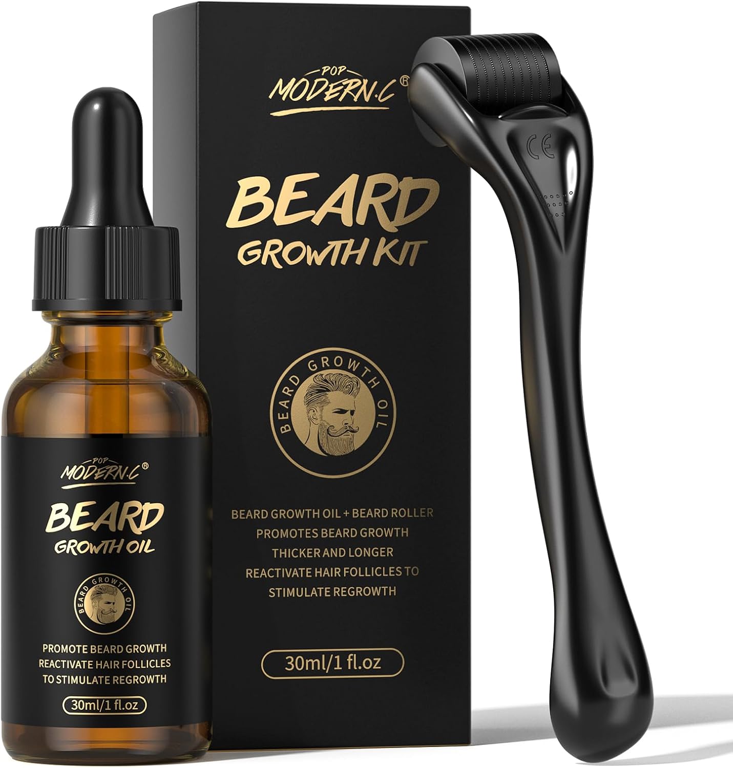 Baardgroeiset, biotine baardgroeiolie met roller ter bevordering van de haargroei, baardserum voor gezichtshaarbehandeling, mannelijk, dik, 1 fl oz