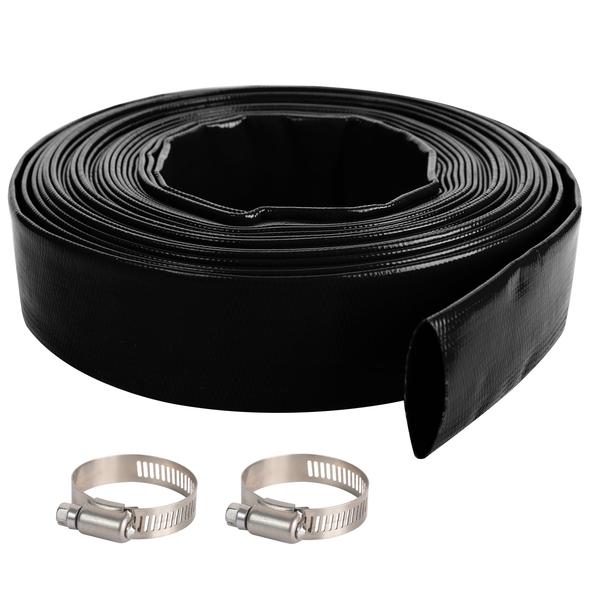 Manguera de lavado de piscina de 2 x 100 pies, manguera de descarga de agua plana de PVC reforzada resistente para bomba de filtro de piscina, con 1 abrazadera