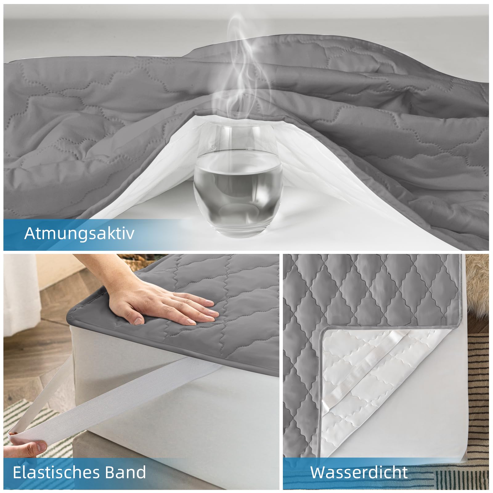 Wasserdichter Matratzenschoner 200x200cm, Atmungsaktive Matratzenauflage, Mikrofaser Matratzenbezug, Wasserfeste Matratzenschutz Inkontinenzunterlage Waschbar - Grau