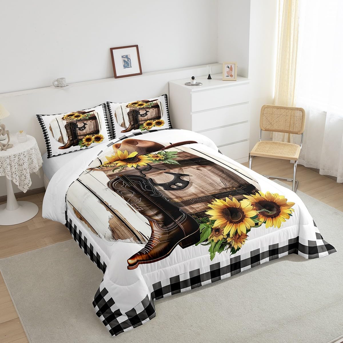 Feelyou Kids Wild Cowboy Bedding Set Queen Size, Western Comforter Set Boys Girls Rodeo Cowboy Style Comforter Sunflower Teens Duvet Set Bedroom Decor with 2 Pillow Case - Image 4