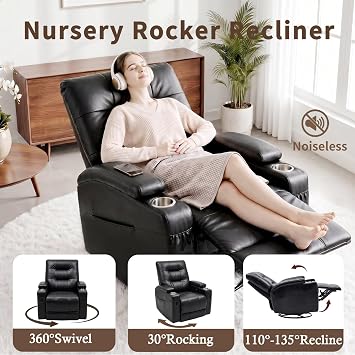 AIRSKY Genuine Leather Recliner Chair, Swivel and Rocking, Italian Water-Washing Process, Single Reclining Armchair for Living Room, Swivel Rocker Recliner Armchair for Adults (Black)