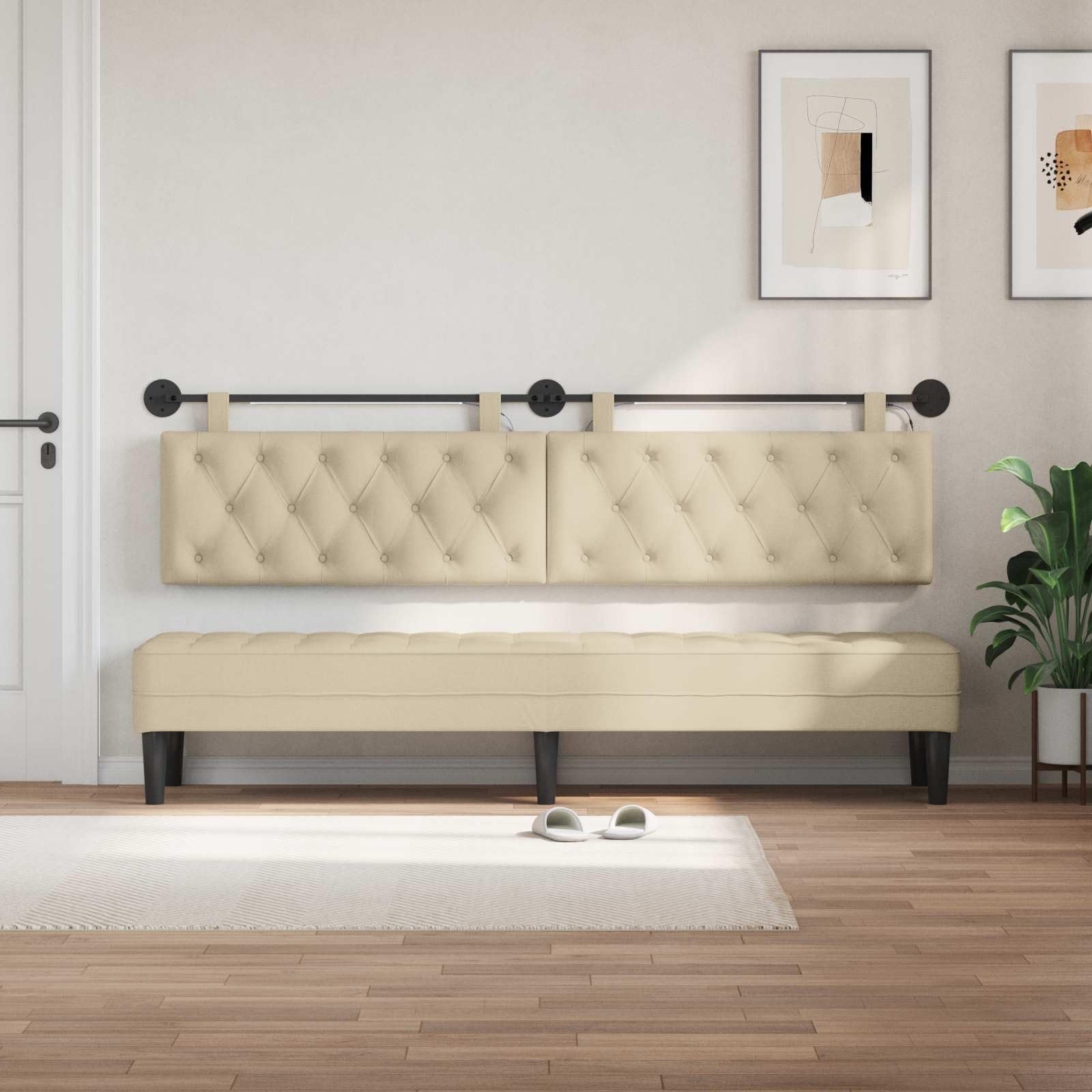 Wiszący zagłówek z oświetleniem LED, kremowy materiał, 210 x 55 x 7 cm, montaż ścienny z drewnianą ramą i metalowymi akcesoriami, uniwersalny panel ścienny do sypialni, salonu