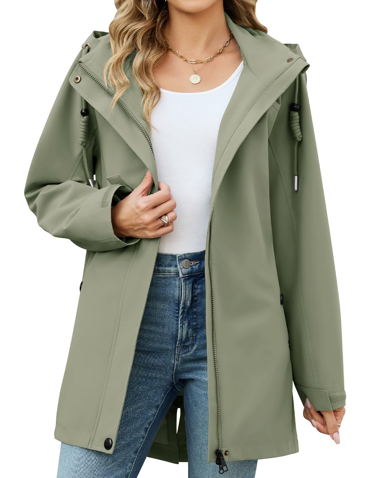 CMTOP Jacke Damen Lang Wasserdicht Winddicht Parka Reißverschlusstasche Übergangsjacke Abnehmbare Kapuze Softshelljacke Windbreaker Leicht Regenjacke für Frühling Sommer Herbst