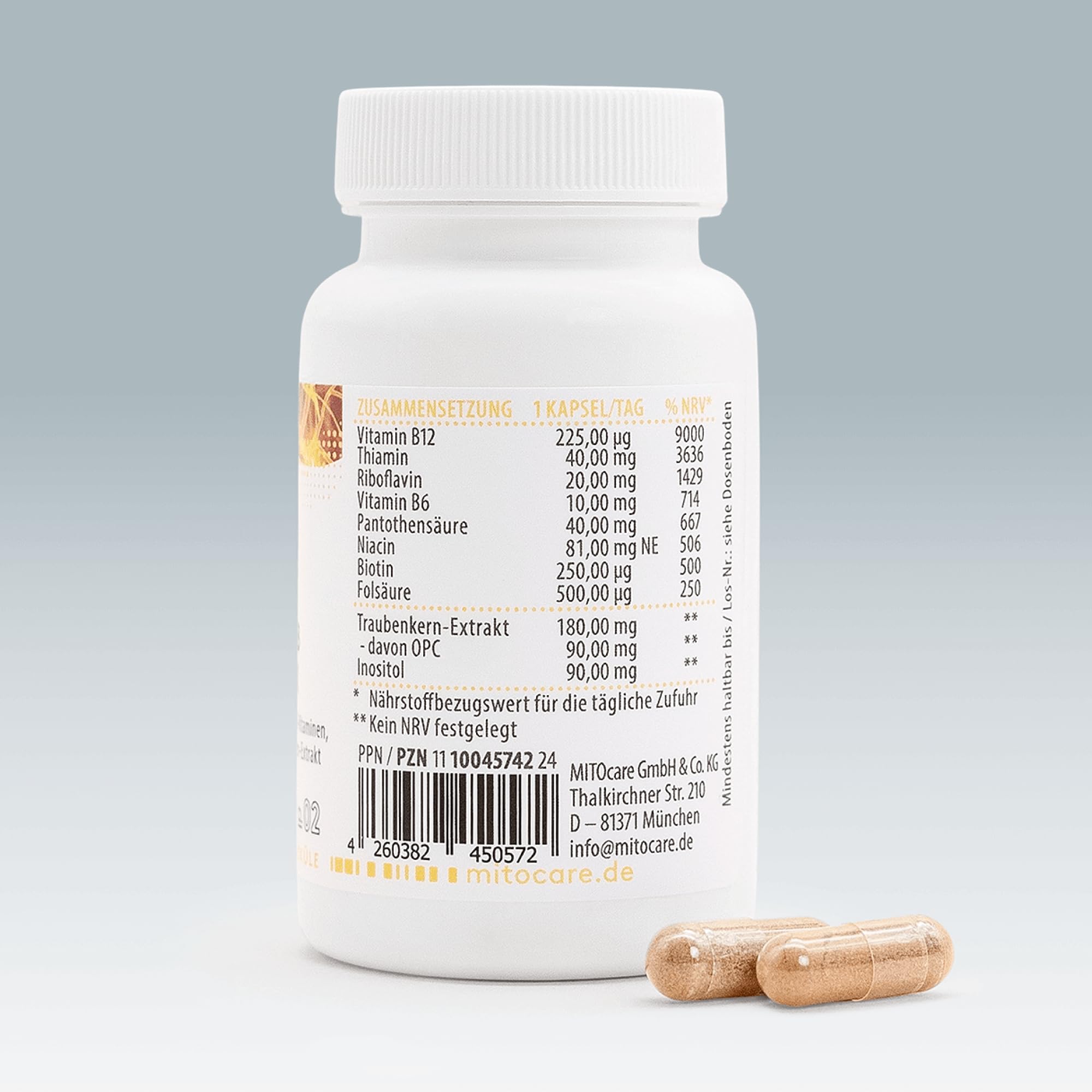 MITOcare Vitamin B Komplex - Komplex mit 8 B-Vitaminen - B1, B2, B3, B5, B6, B7, B9 & Vitamin B12 hochdosiert - Apothekenqualität - vegan - 2 Monatspackung mit 60 Kapseln - Produziert in Deutschland