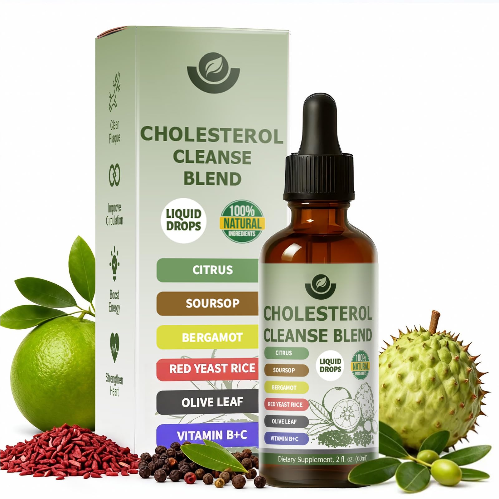 Red Yeast Rice Drops,Cholesterol Support Blend,Herbal Daily Wellness Supplement,with Citrus,Bergamot, Olive Leaf and Black Pepper,30 Servings