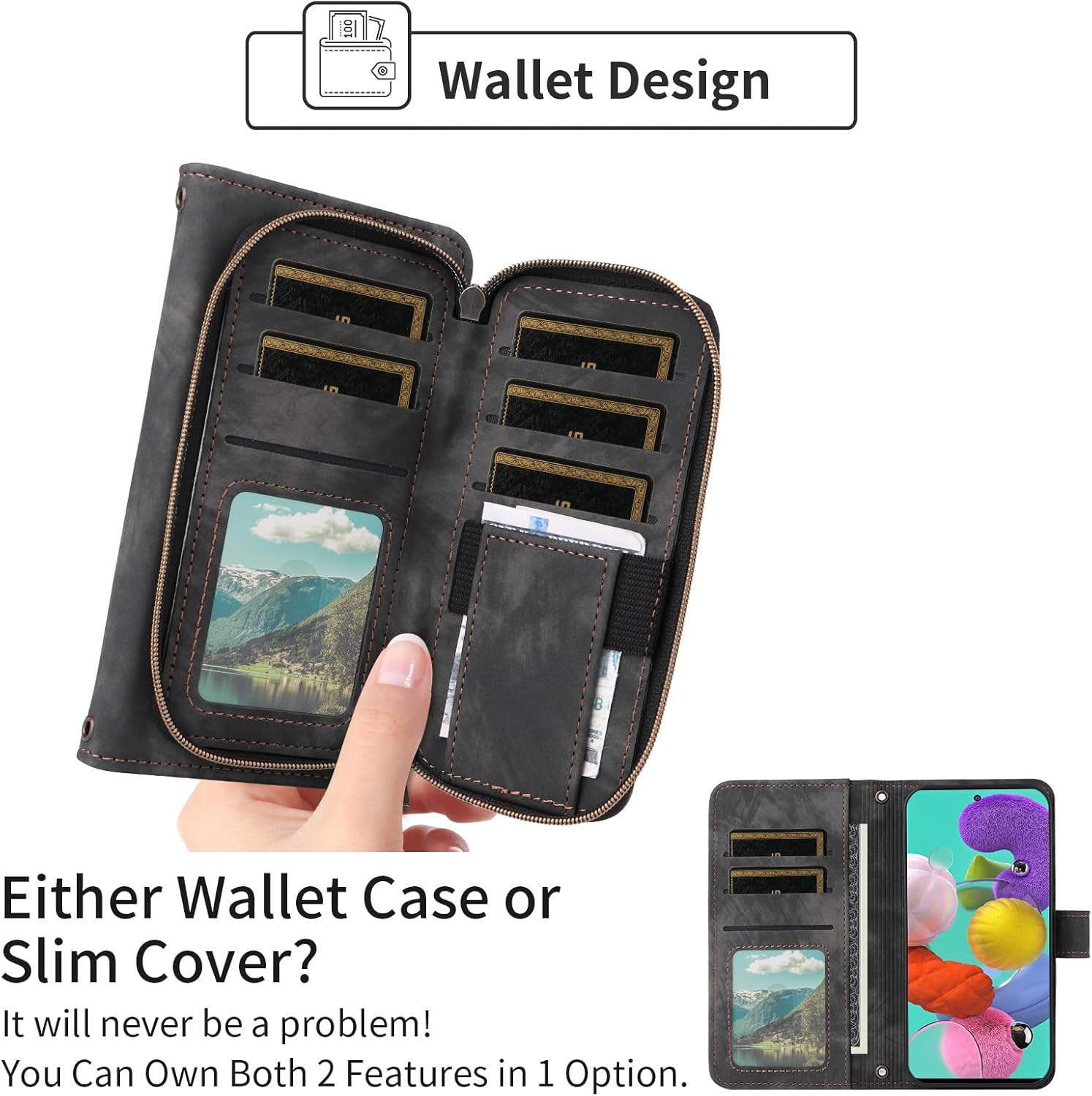 Phone Case for Samsung Galaxy A51 4G Wallet Cell Cover with Tempered Glass Screen Protector Crossbody Lanyard Strap Flip Stand Zipper Purse Card Holder Slot A 51 M40S 51A A515F S51 Women Men Black