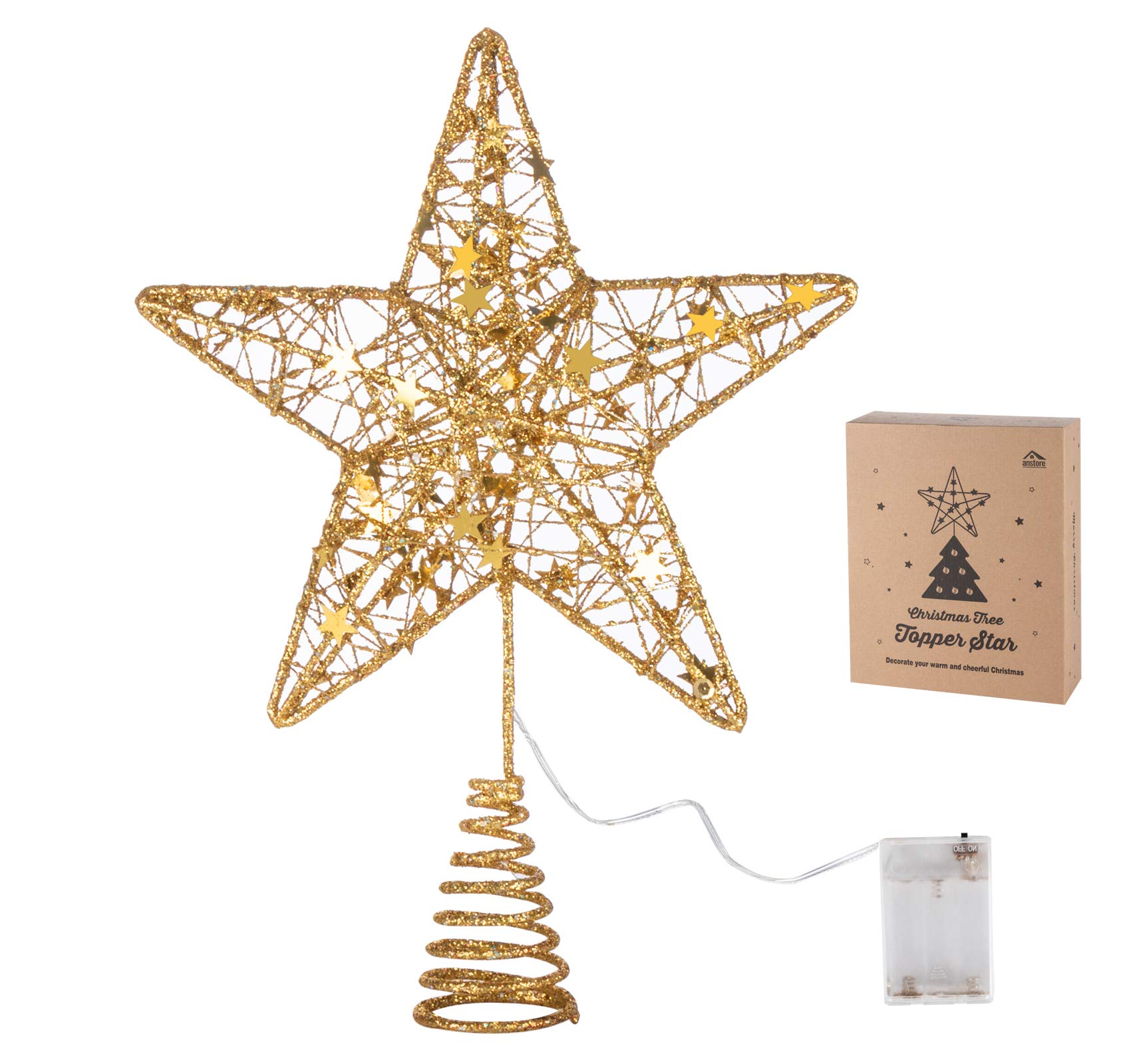 Estrellas doradas para coronar el árbol de Navidad de 12 pulgadas, estrella LED brillante de metal para árbol, adornos de estrellas para coronar el árbol de Navidad para decoración del árbol navideño