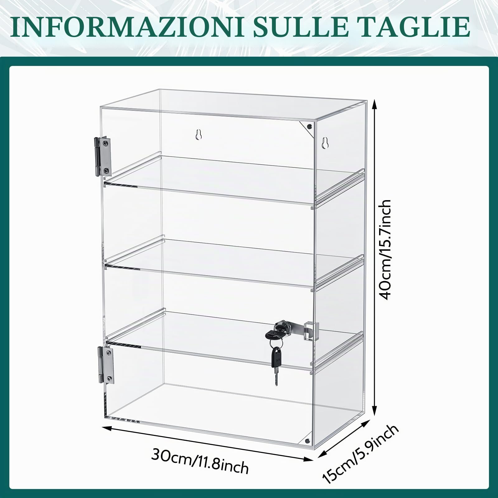 Barydat Vetrina in acrilico con serratura e chiave, vetrina trasparente, vetrina multi funzionale, sicura per negozi al dettaglio (4 ripiani rimovibili, 30 x 15 x 40 cm)