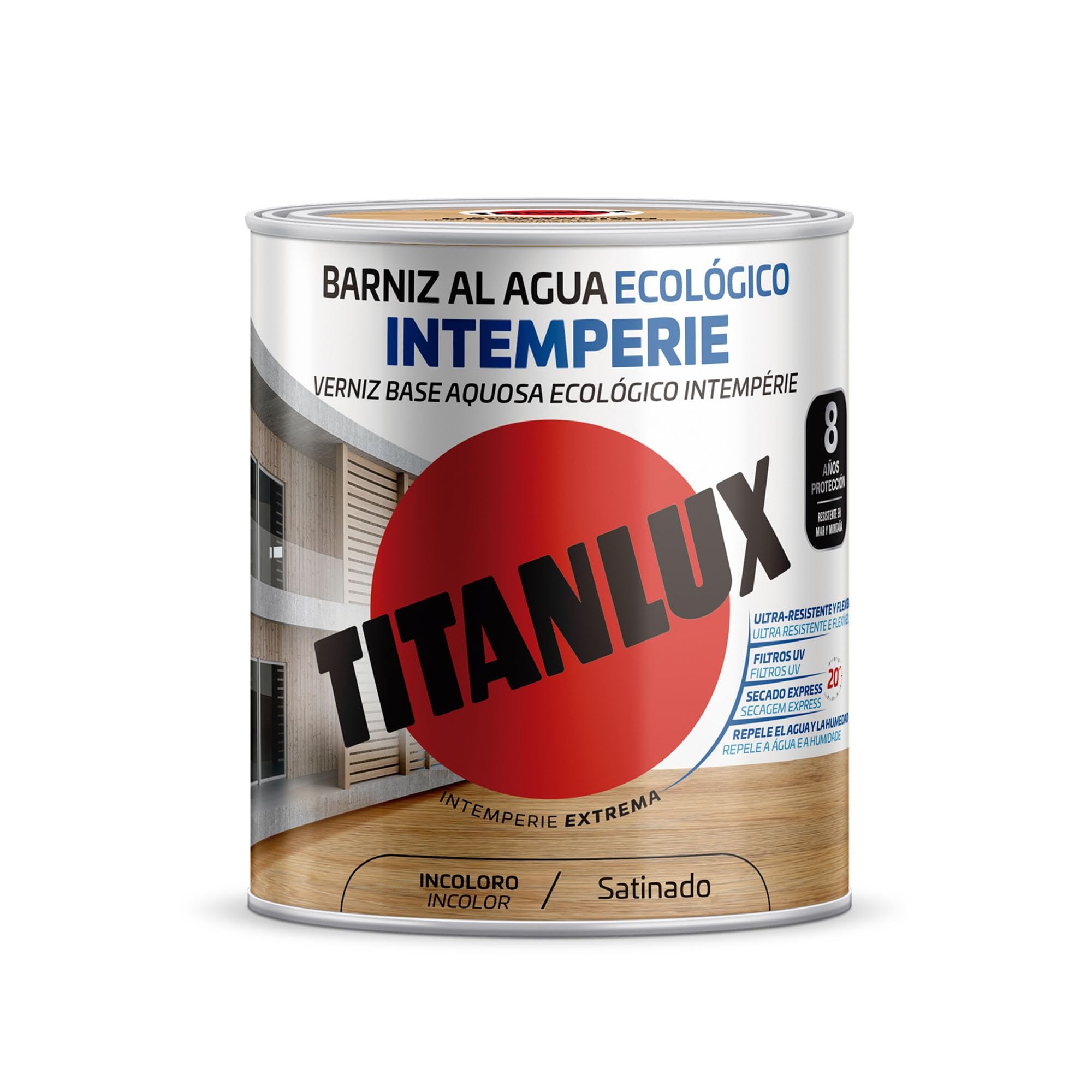 Titanlux Barniz Intemperie al agua para maderas de exterior condiciones adversas, Satinado, Incoloro 2,5 L
