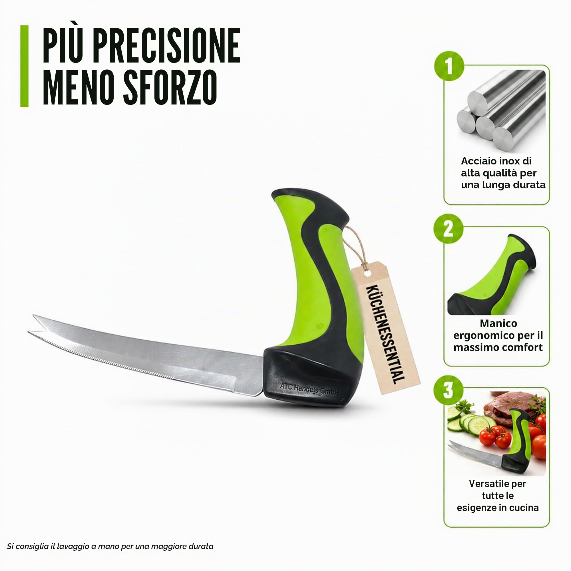 ATC Handels GmbH Coltello multiuso da cucina – Coltello da cucina ergonomico – Manico angolato per una posizione neutrale del polso – Manipolazione antiscivolo