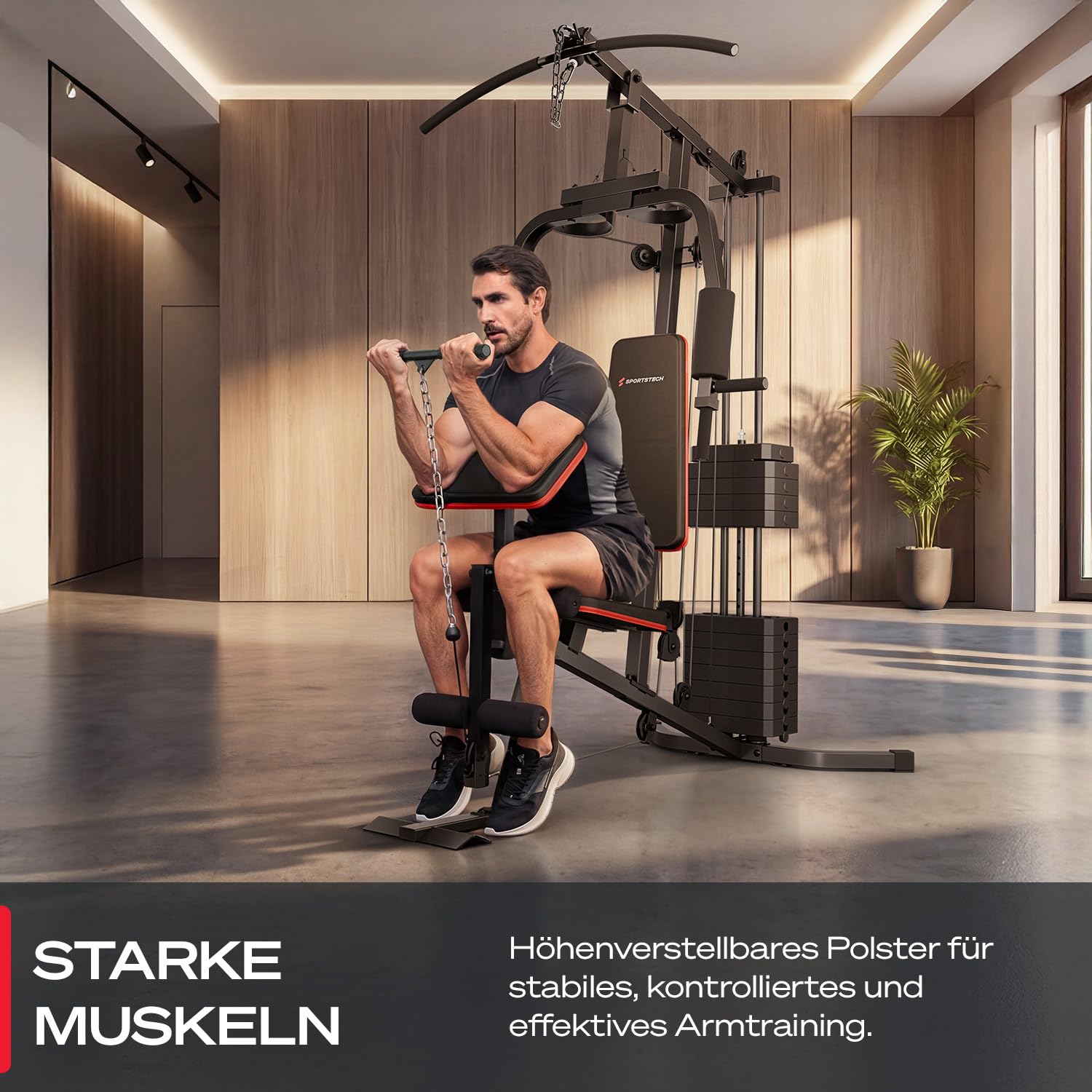Kraftstation für zuhause, Multifunktion Fitnessstation, Bauchtrainer, Home Gym, 60 kg Gewichte, Butterfly, Beinstrecker, Latzugstange, Bizepscurl, Ganzkörpertraining, Multigym, HGX50