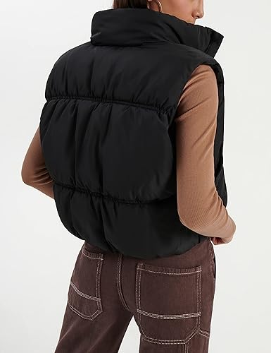 Miniatura 4 de EsheSy Chaleco acolchado recortado para mujer, cuello alto, cremallera completa, sin mangas, chaqueta acolchada cálida